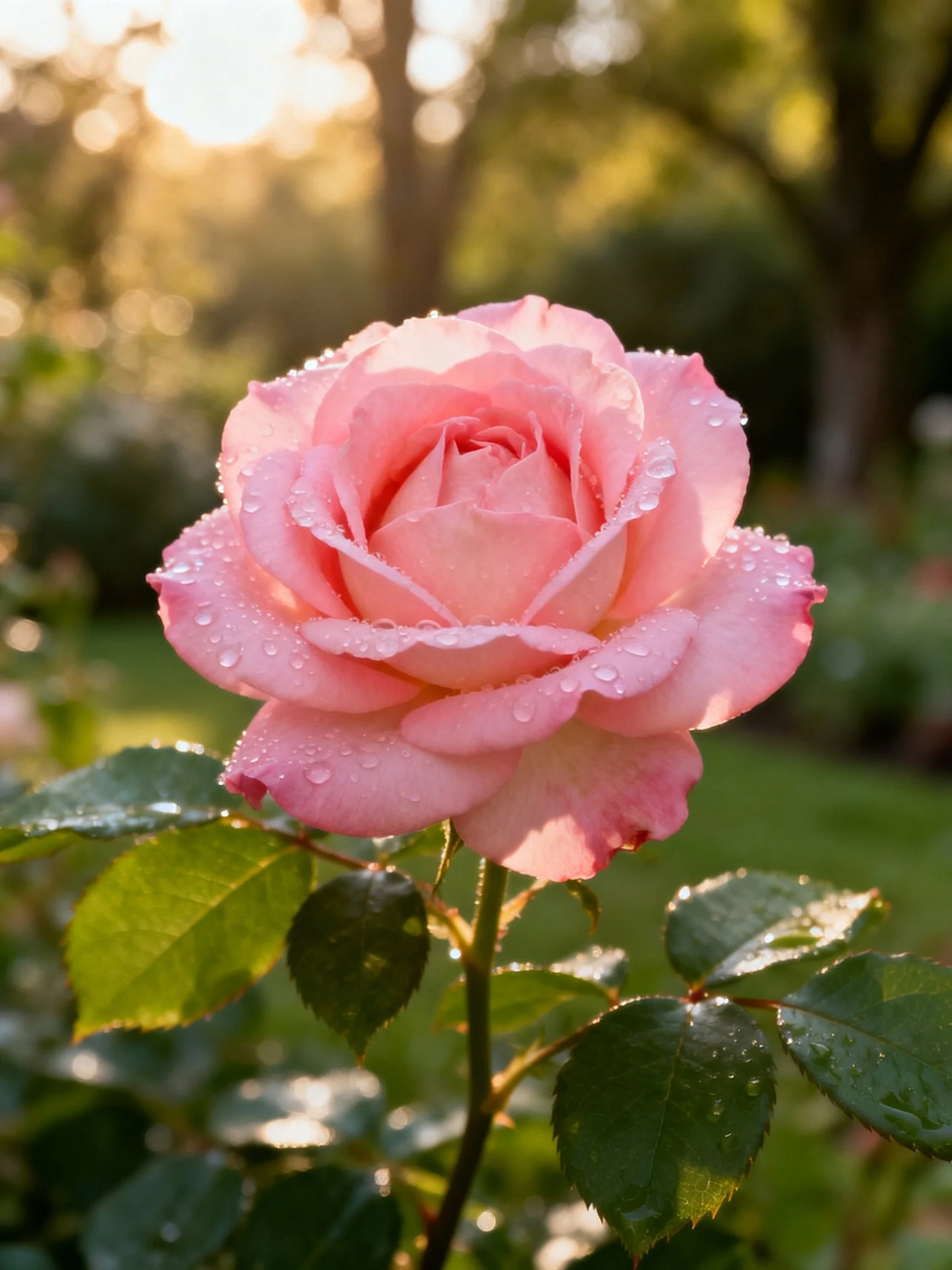 A pink rose with water droplets in a sunlit garden