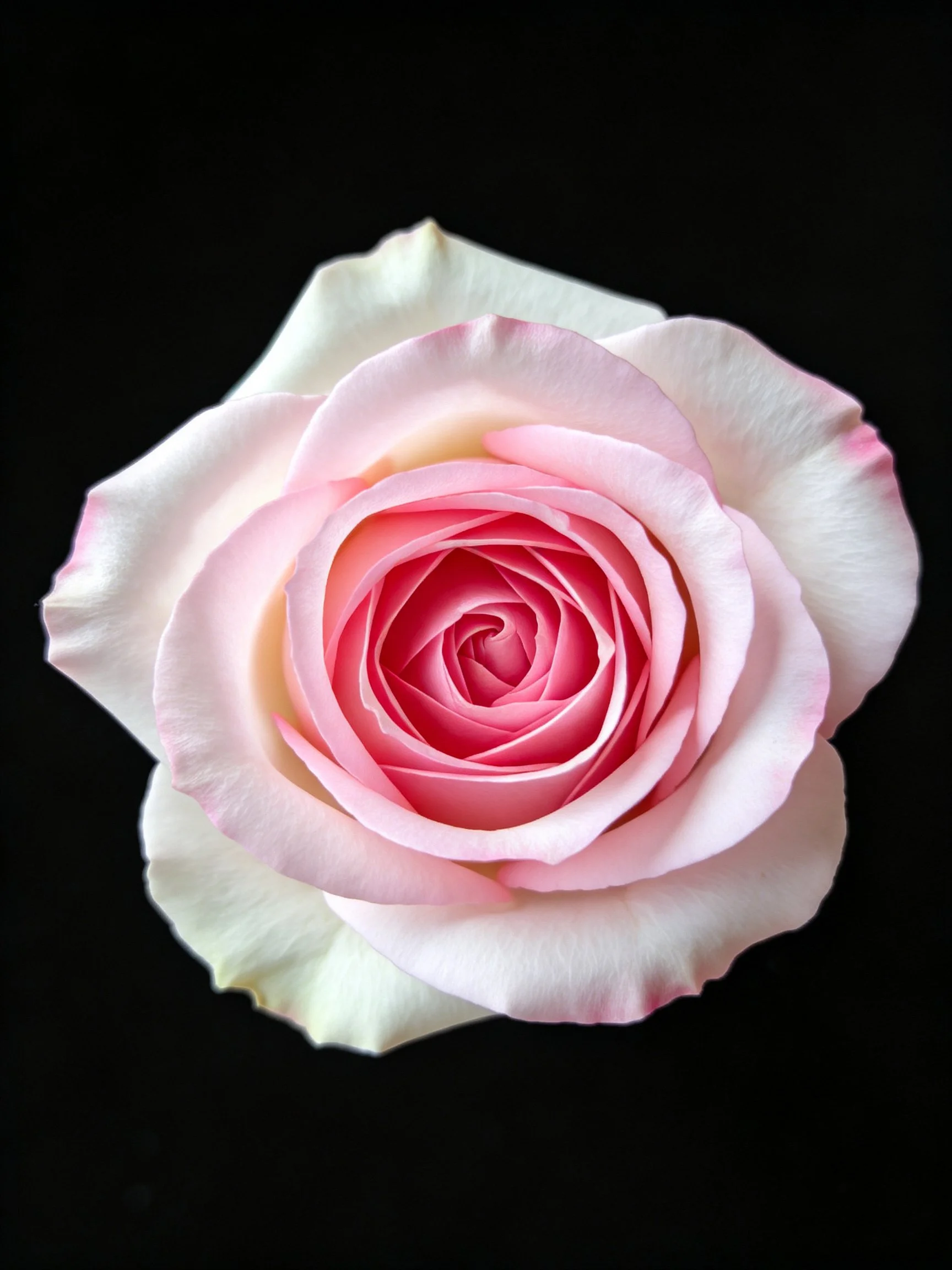 A pink rose with white outer petals against a solid black background
