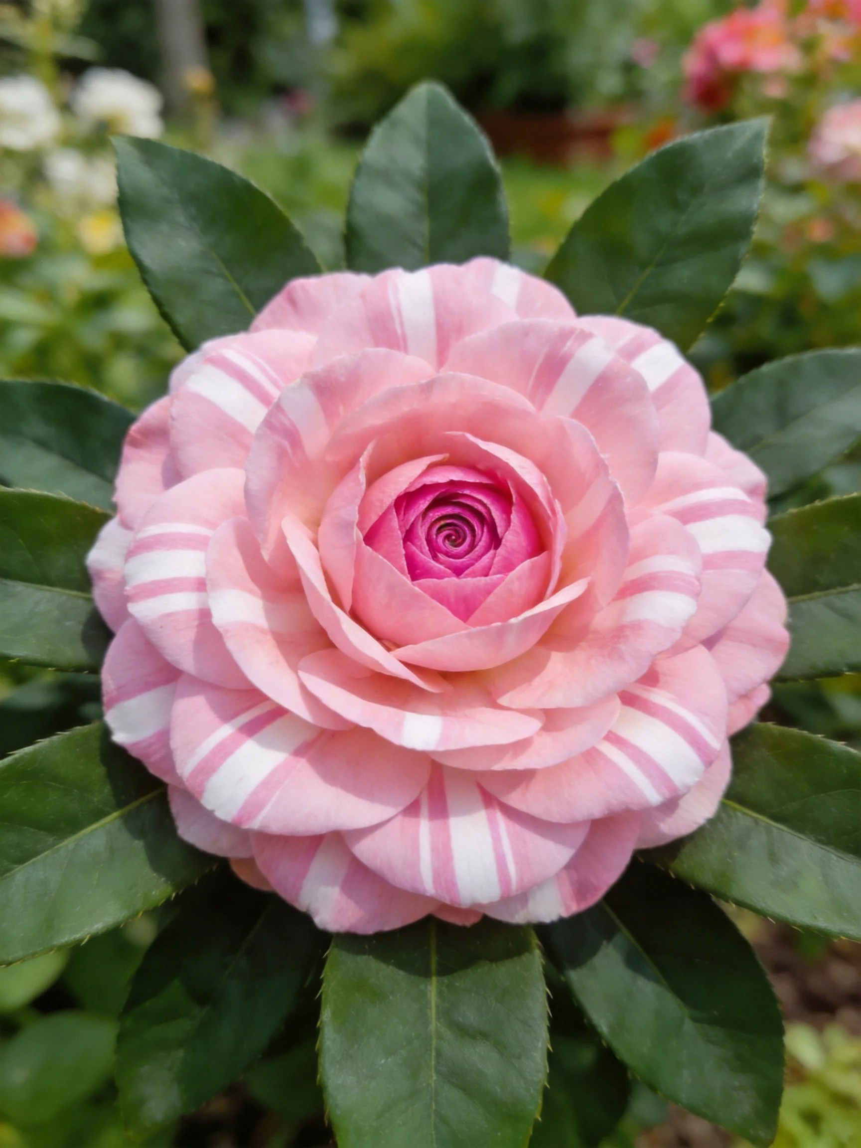 A pink rose with white stripes surrounded by dark green leaves