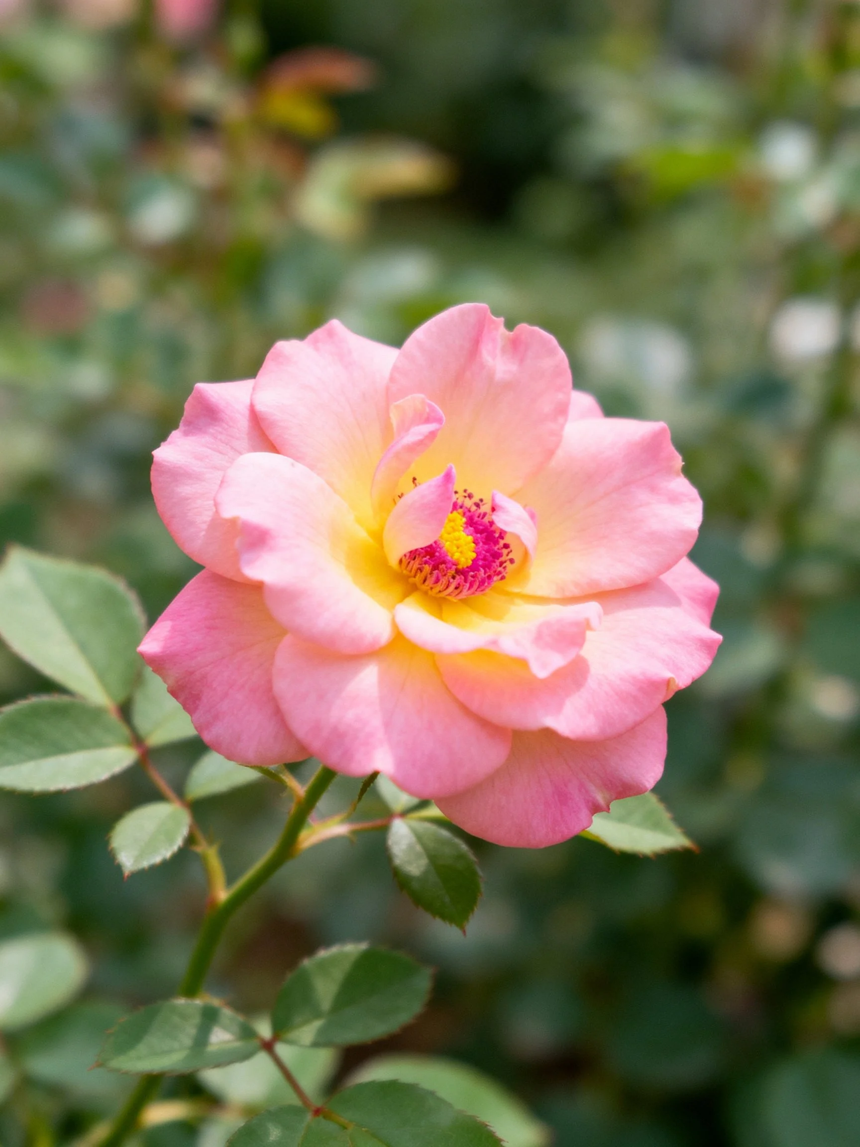 A pink rose with yellow center blooms amid lush greenery