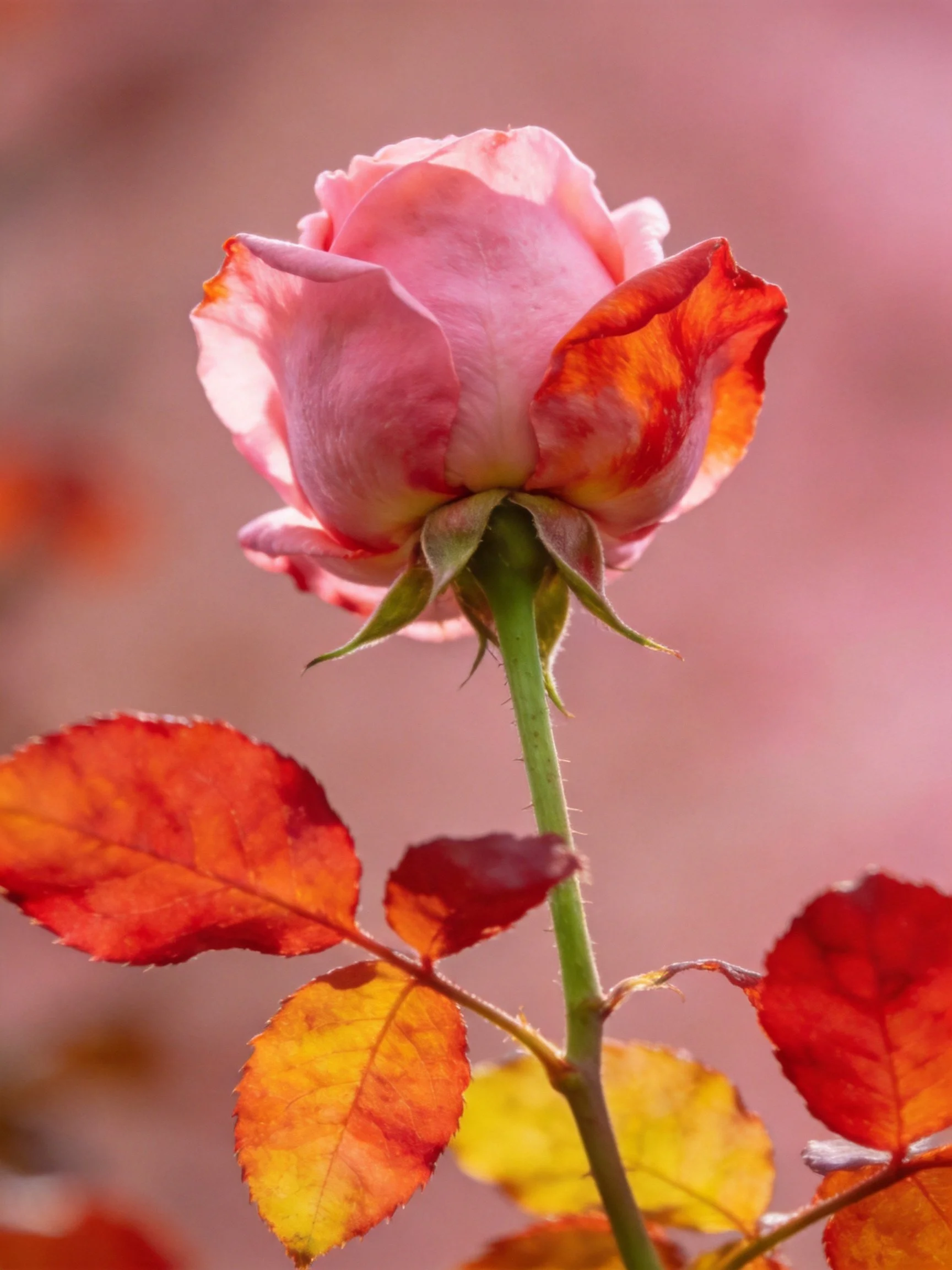 A pink rosebud with red and yellow autumn leaves