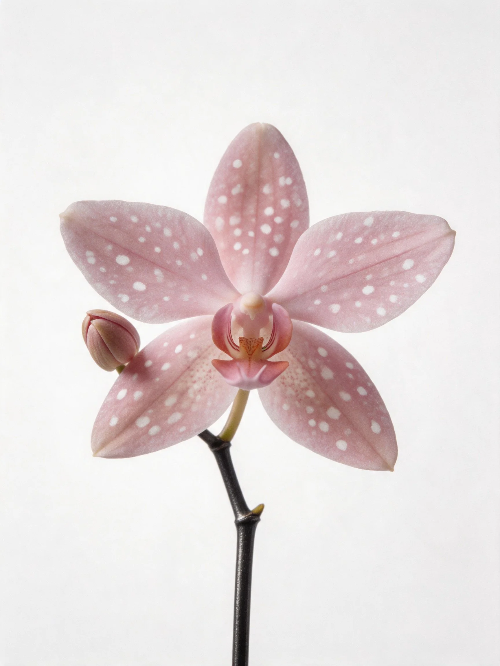 A pink - spotted orchid with a bloomed flower and bud
