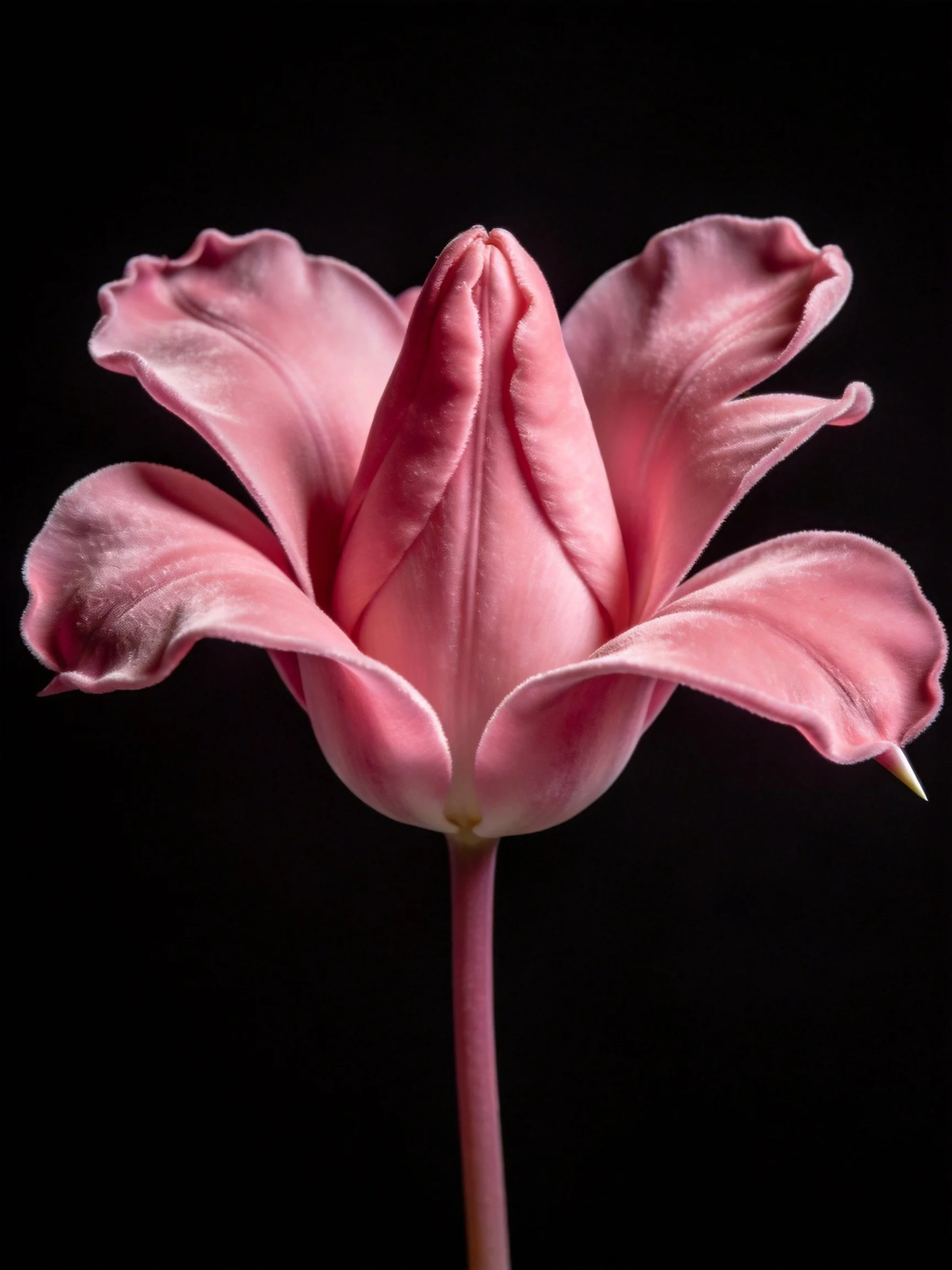 A pink tulip bud with ruffled petals against a black background