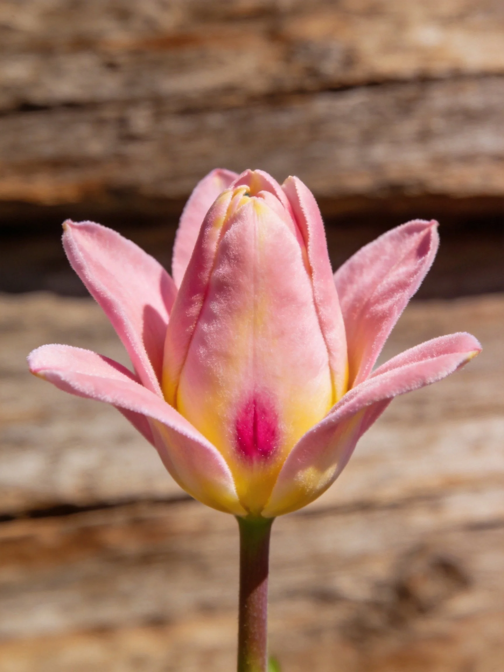 A pink tulip bud with yellow center and magenta accent