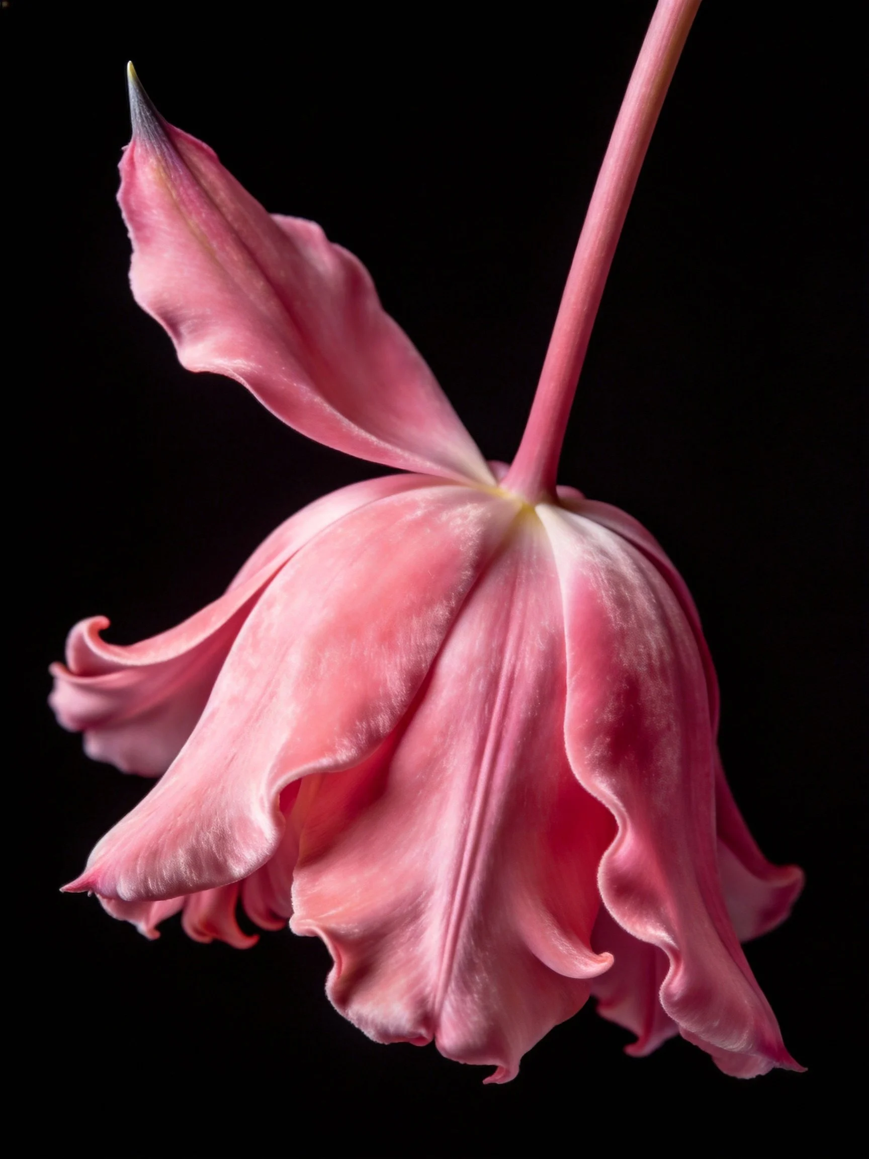 A pink tulip with ruffled petals on a black backdrop