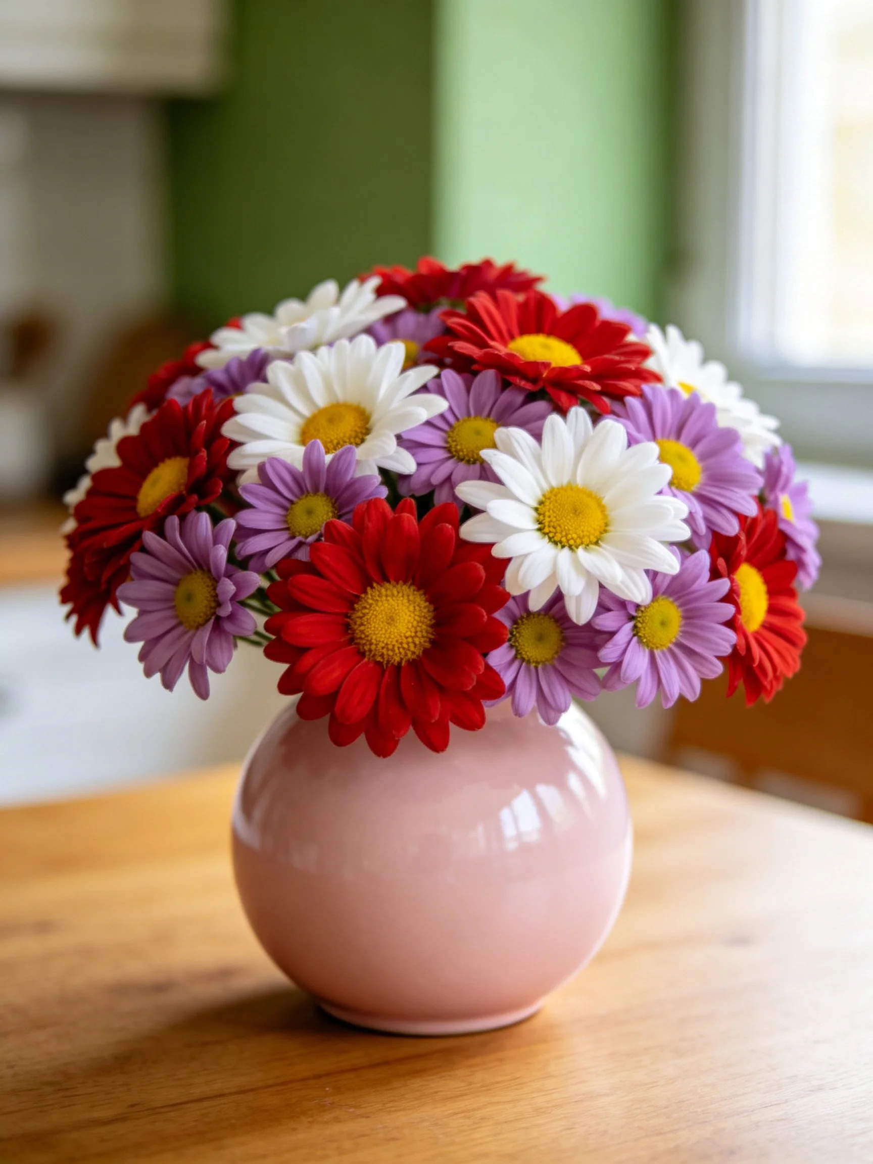 A pink vase holds vibrant red, white, and purple daisy bouquets