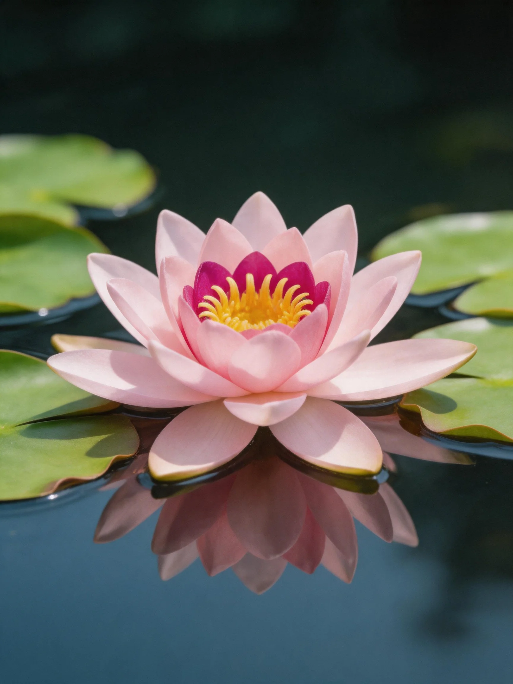 A pink water lily blooms amid green lily pads on reflective water