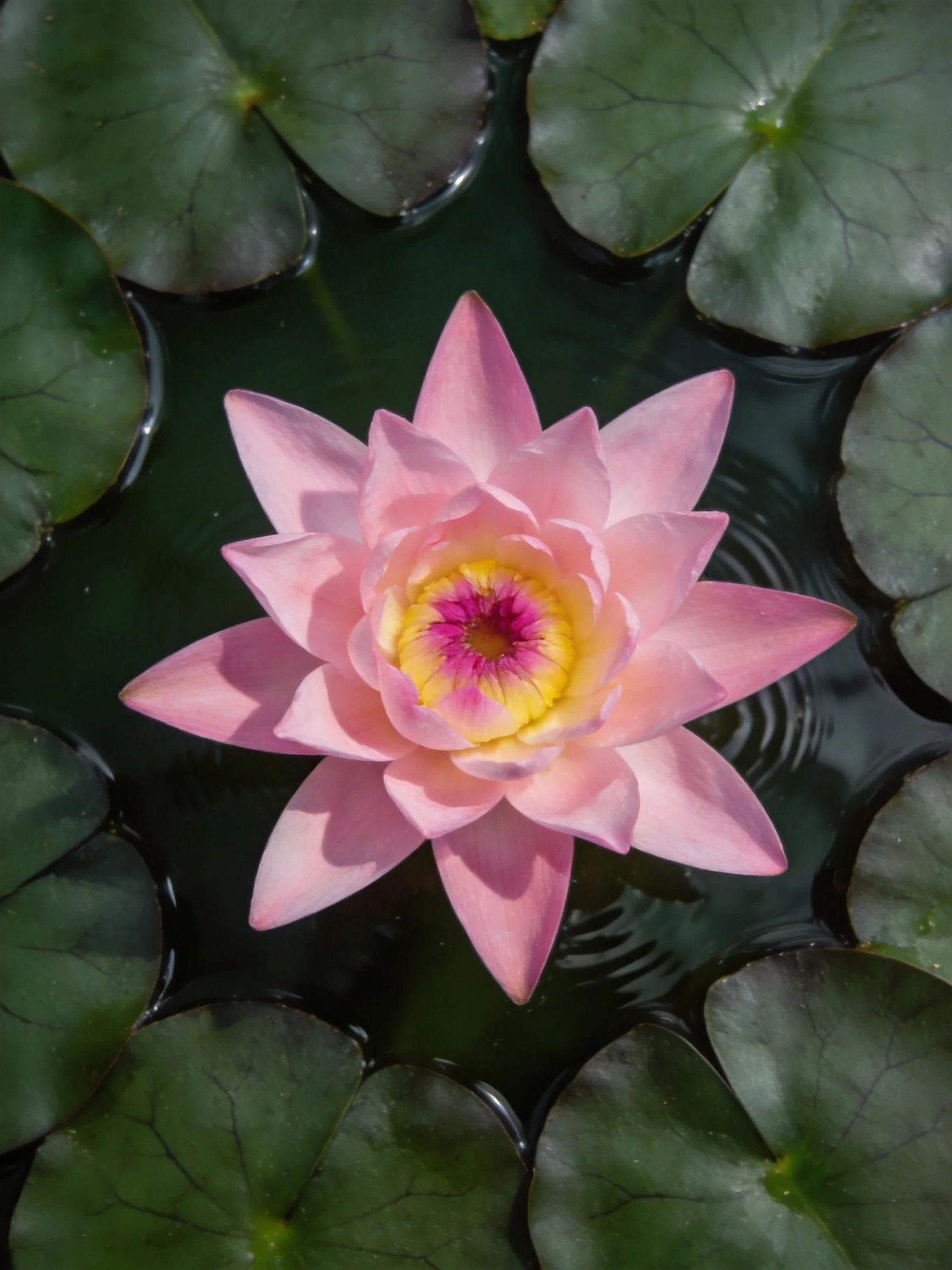 A pink water lily blooms among green lily pads in calm water