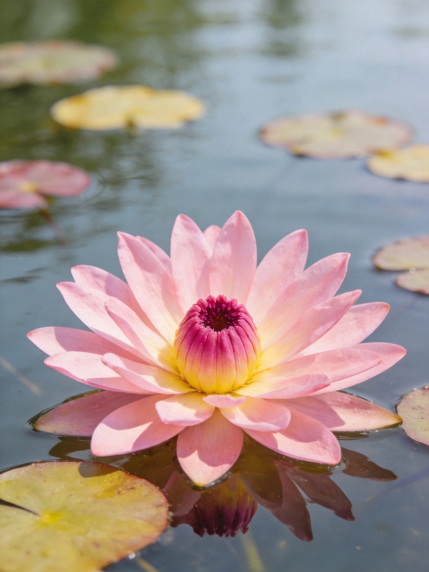 A pink water lily floats amid lily pads on calm water