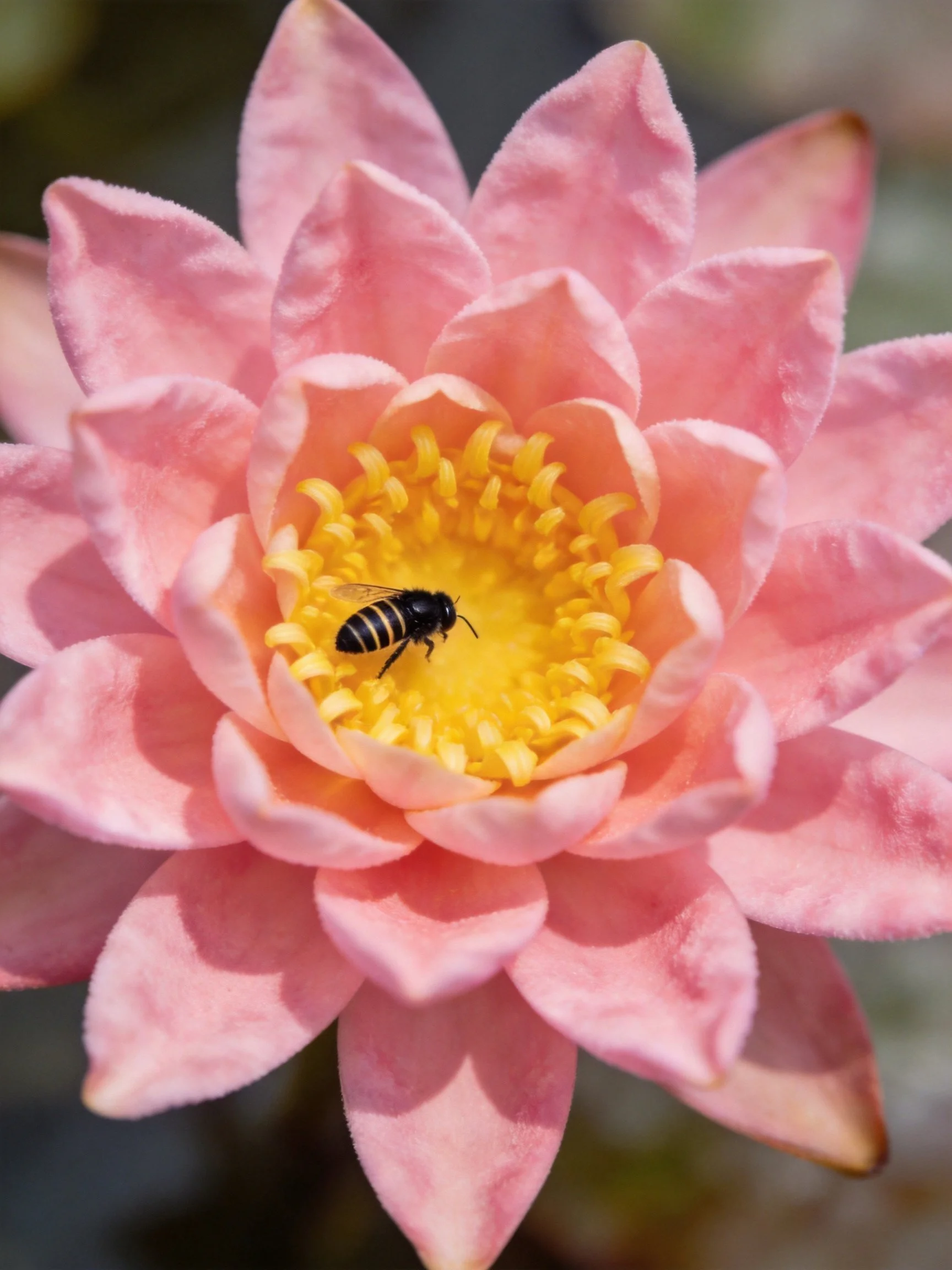 A pink water lily with a black and yellow bee