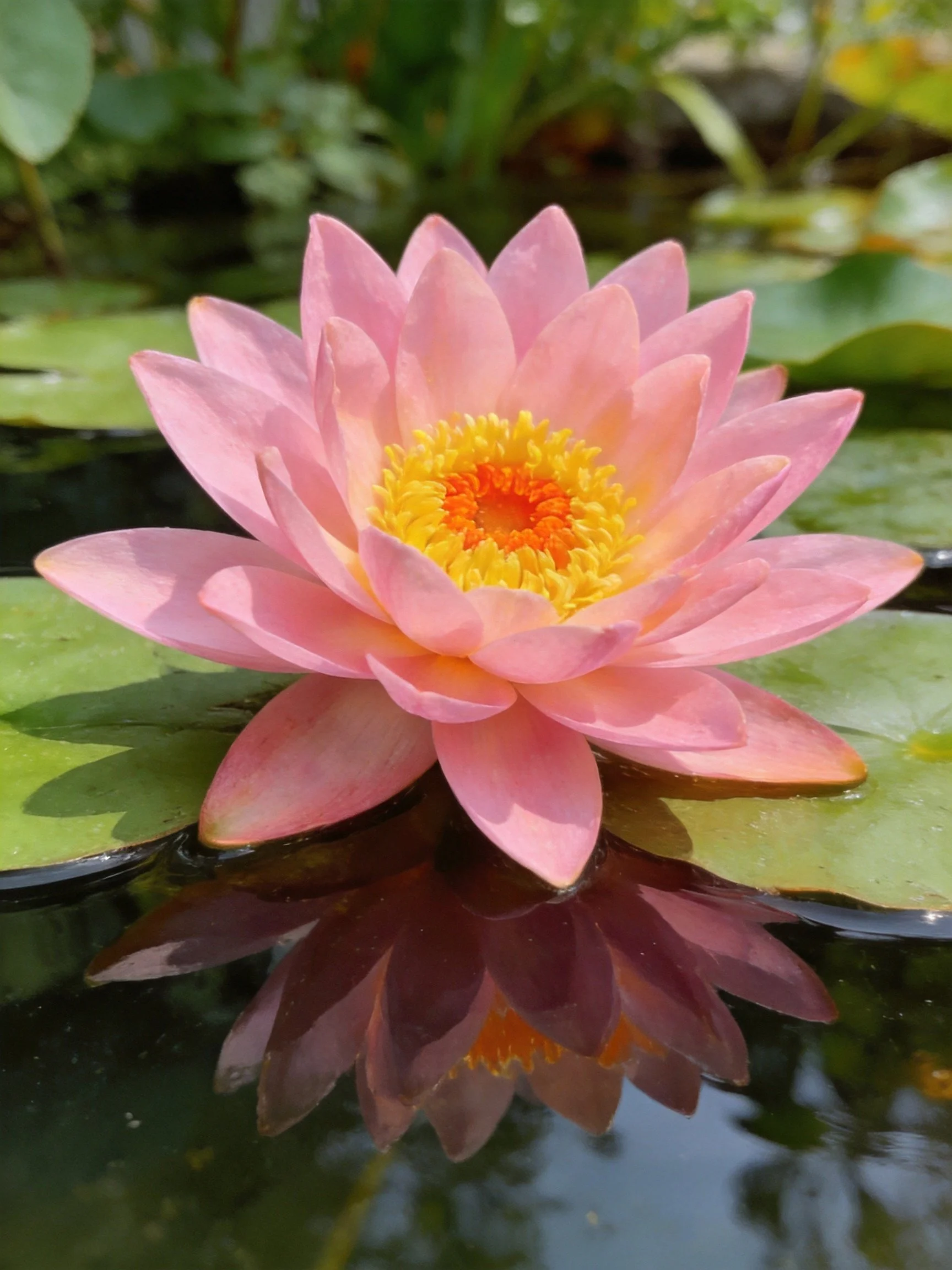A pink water lily with yellow center rests on green lily pads over water
