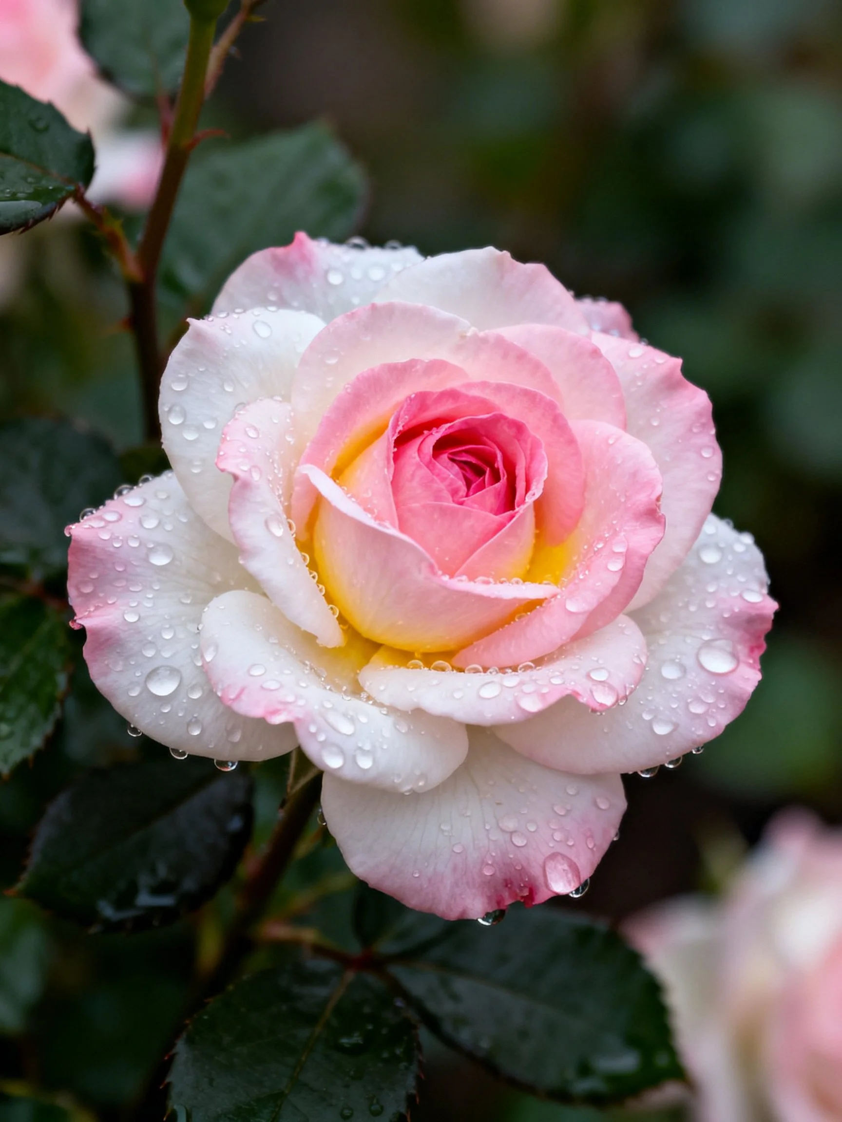 A pink, white, and yellow rose with water droplets