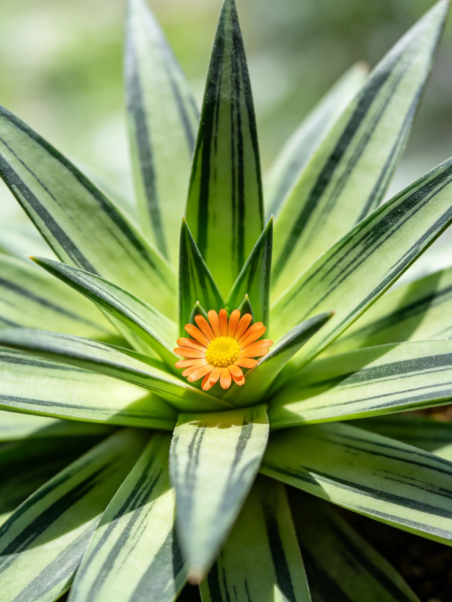 A plant with striped green leaves and an orange flower