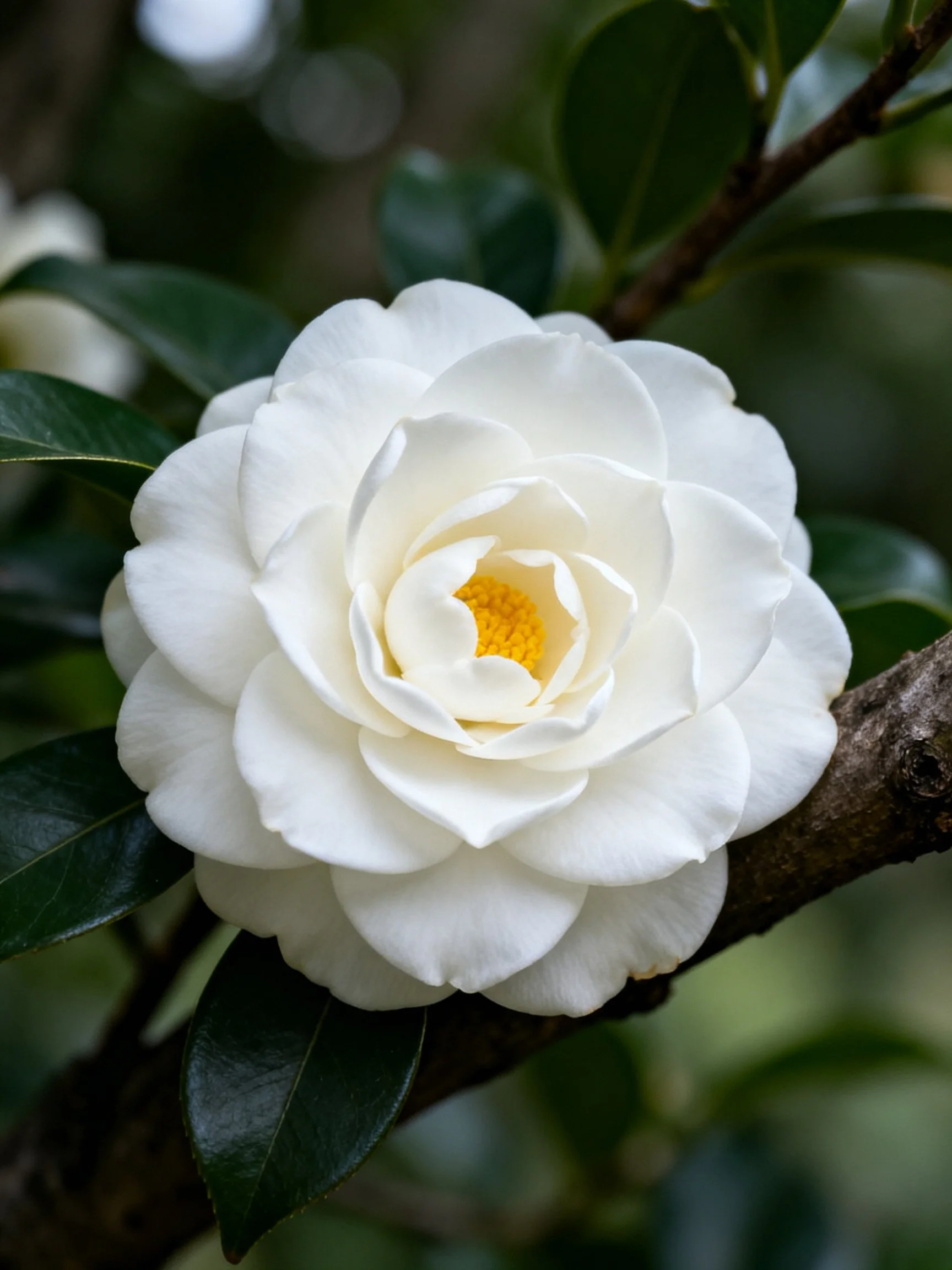A pristine white camellia blooms on a dark brown branch
