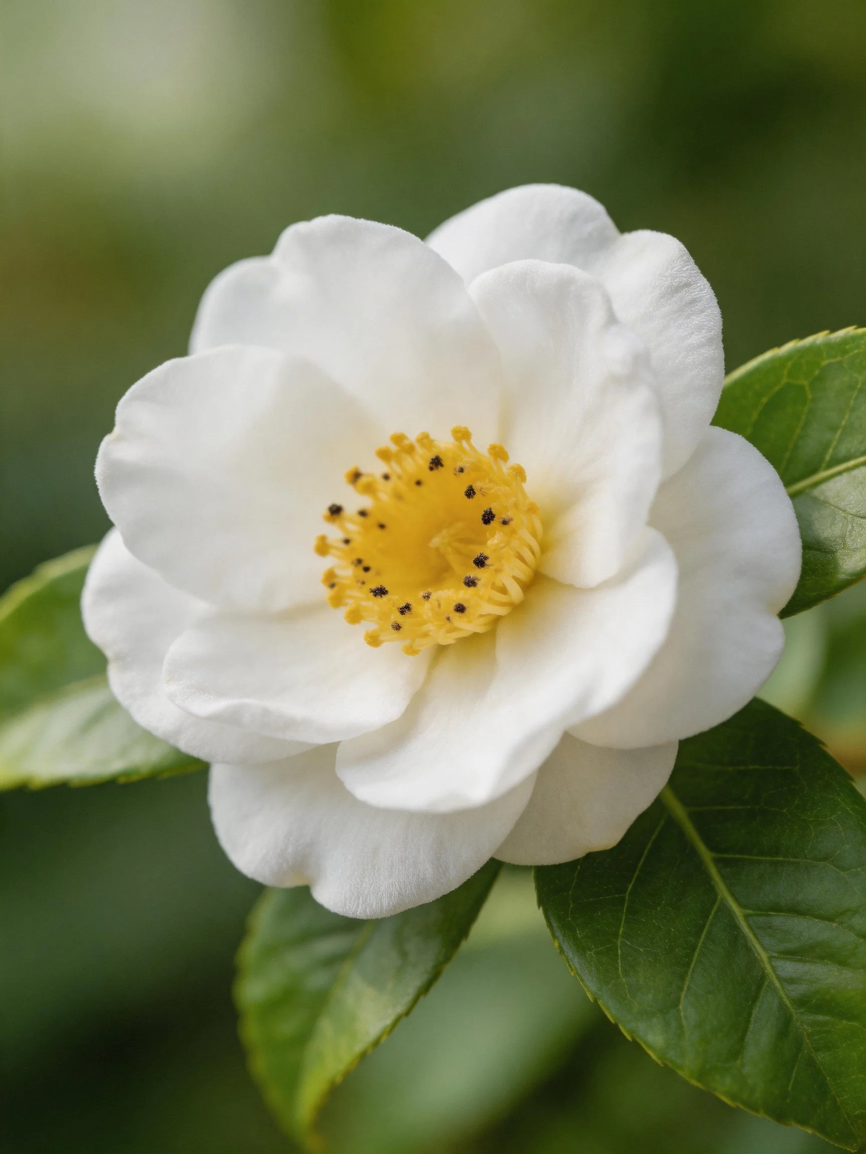 A pristine white camellia with a golden-yellow center and vibrant green foliage