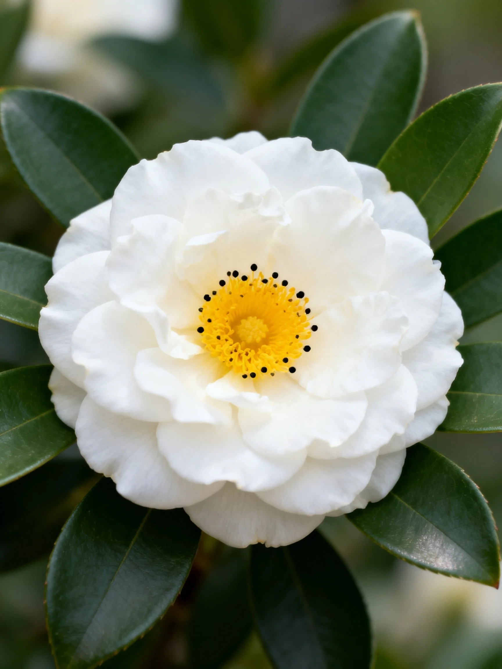 A pristine white camellia with vibrant yellow center