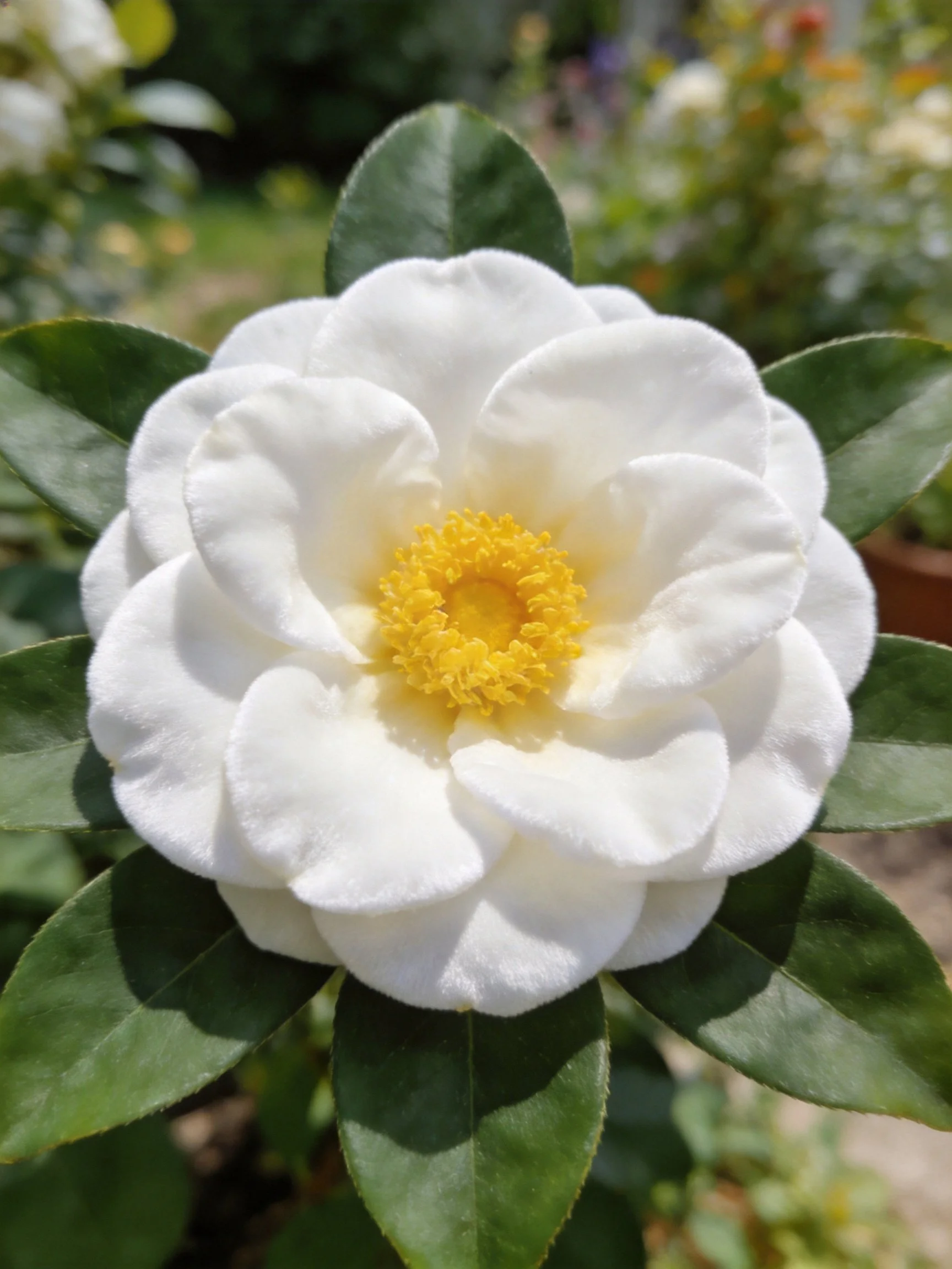 A pristine white camellia with vibrant yellow center