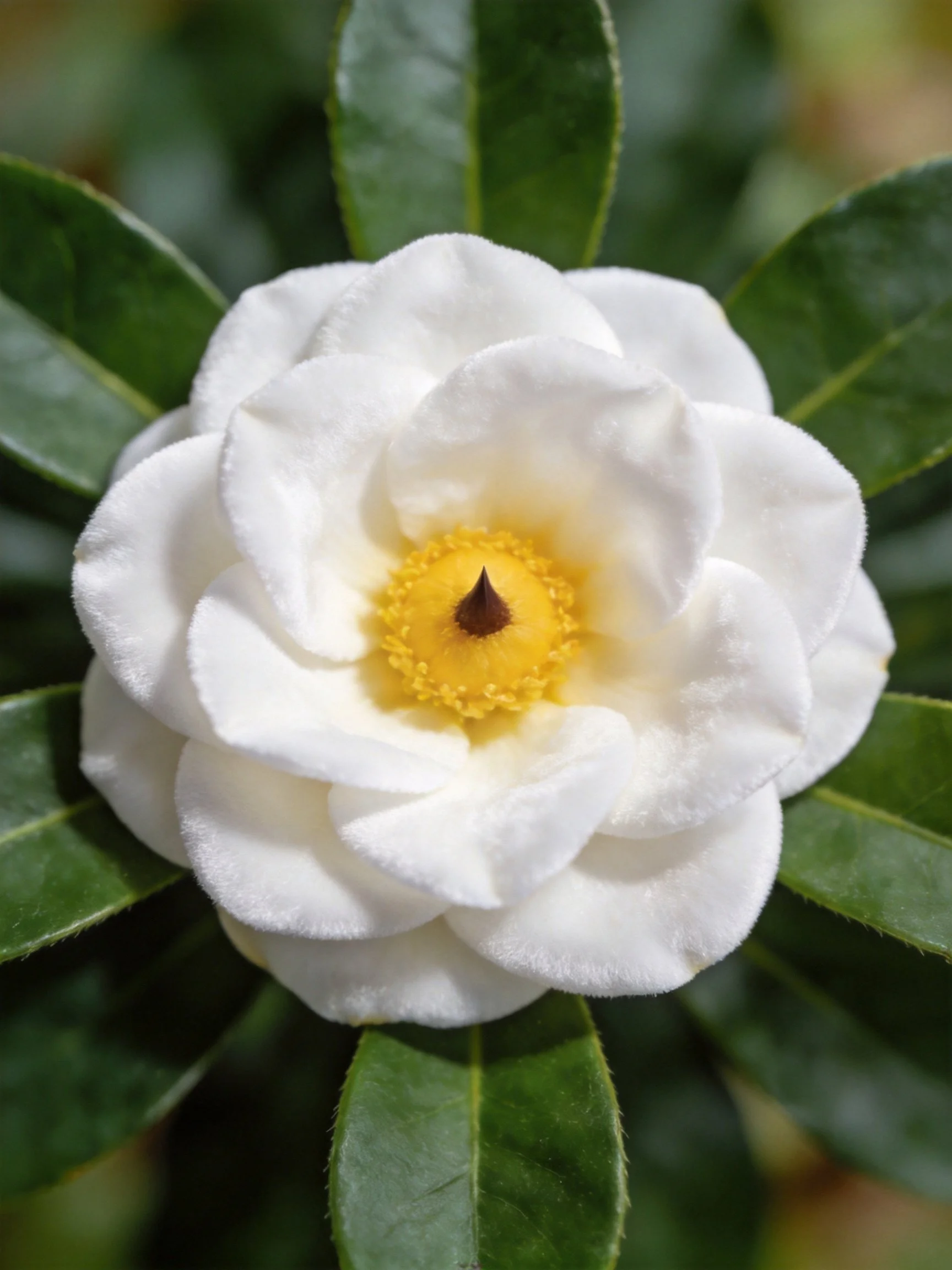 A pristine white camellia with yellow center and dark brown stamen