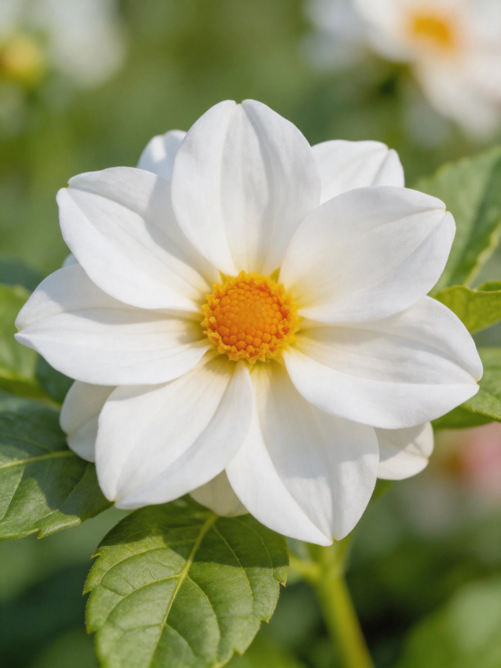 A pristine white dahlia with a golden center and lush green foliage