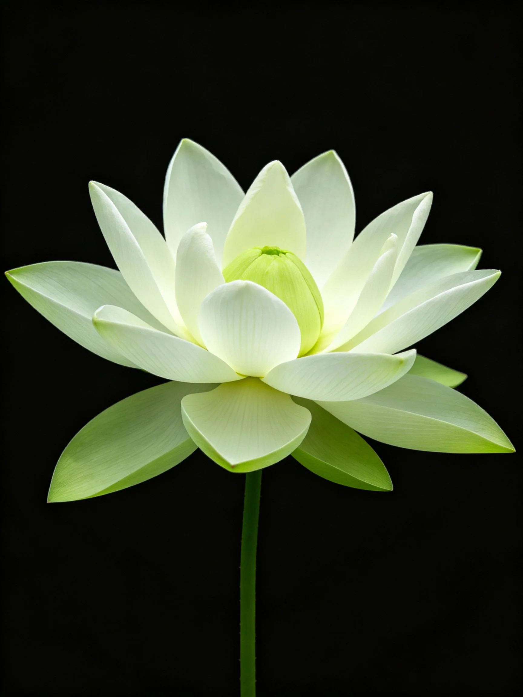 A pristine white lotus blooms against a stark black backdrop
