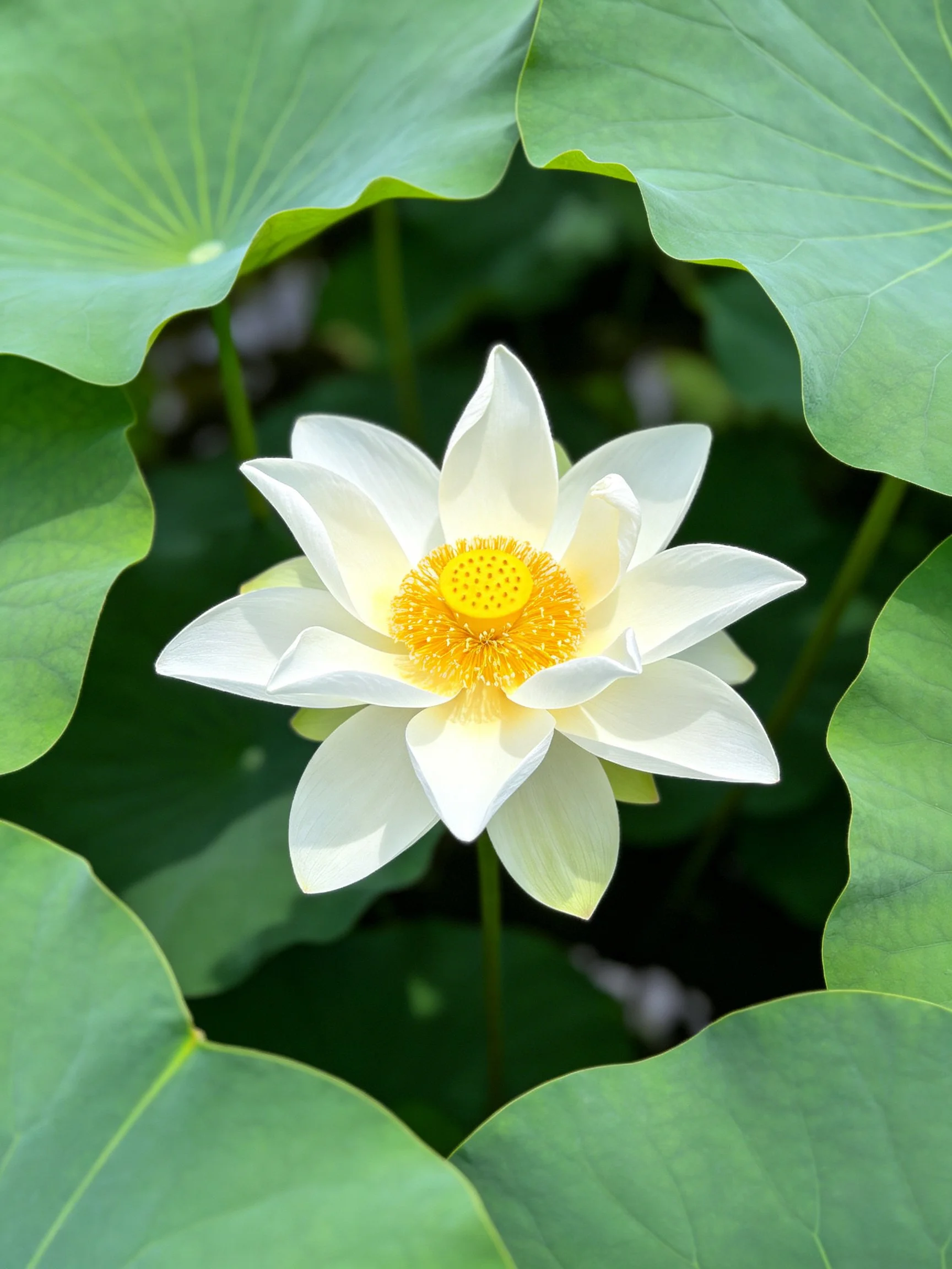 A pristine white lotus blooms amid broad green leaves