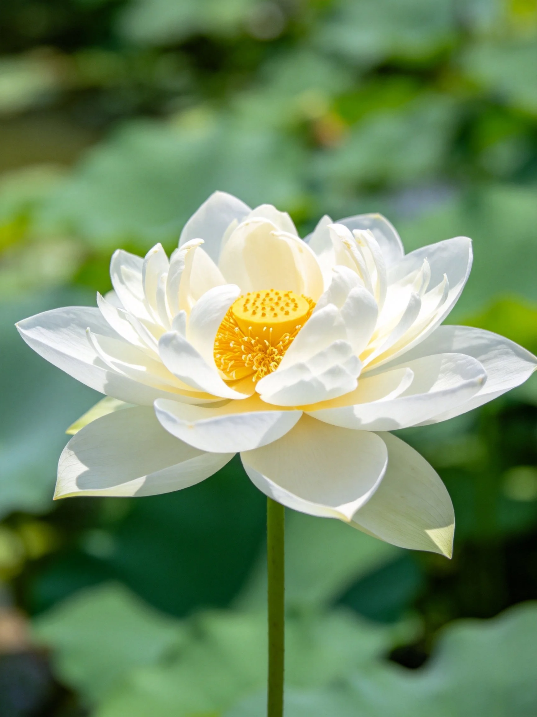 A pristine white lotus blooms amid lush green foliage