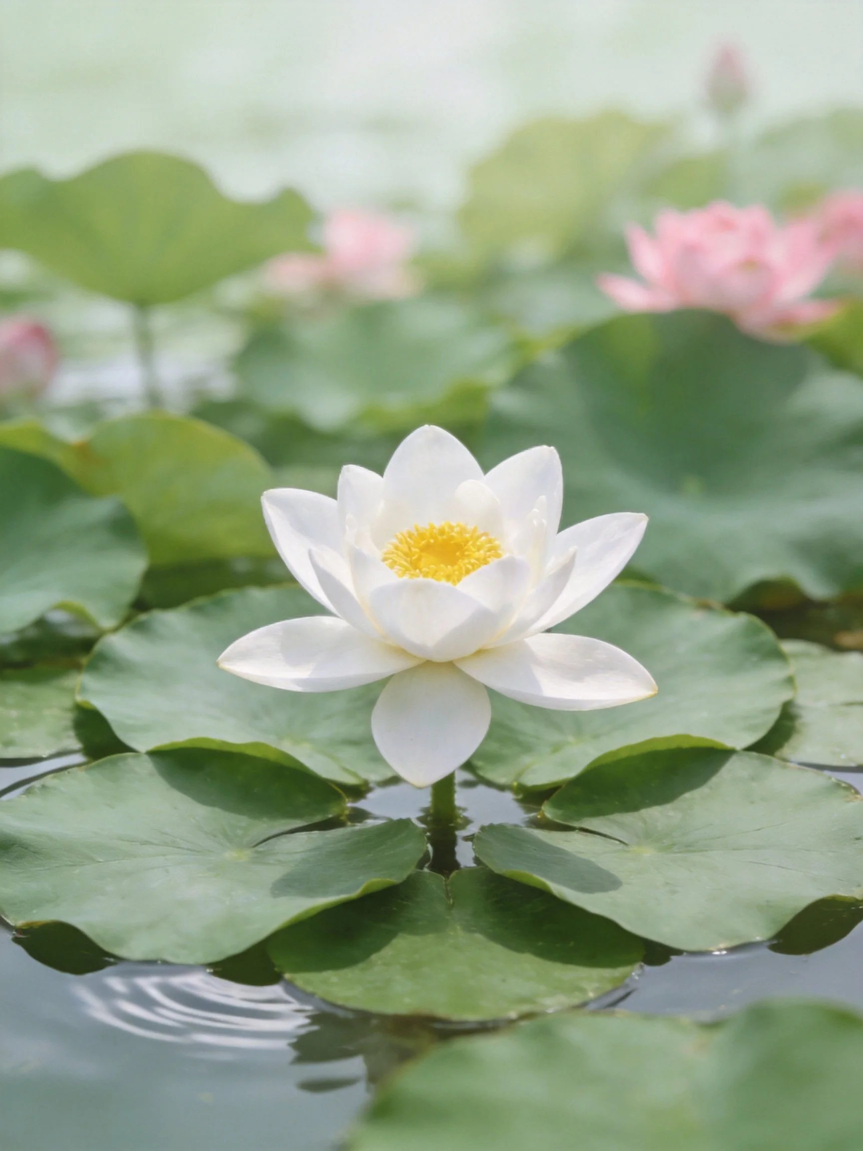 A pristine white lotus blooms among lush green lily pads