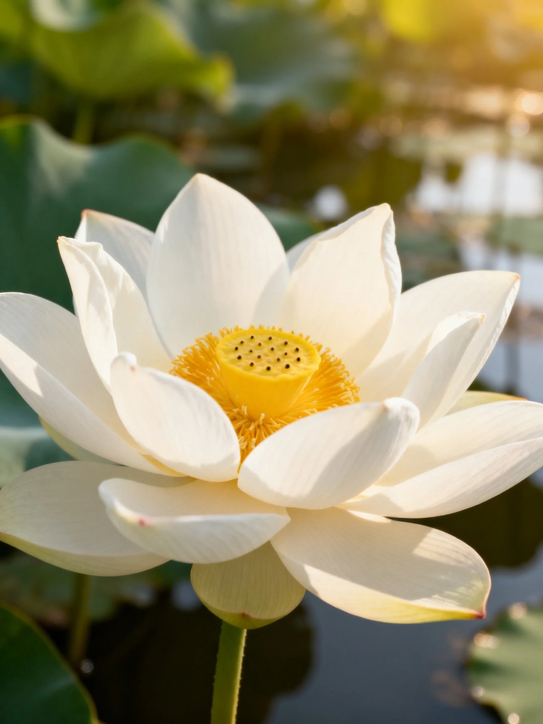 A pristine white lotus blooms beside calm water with green foliage