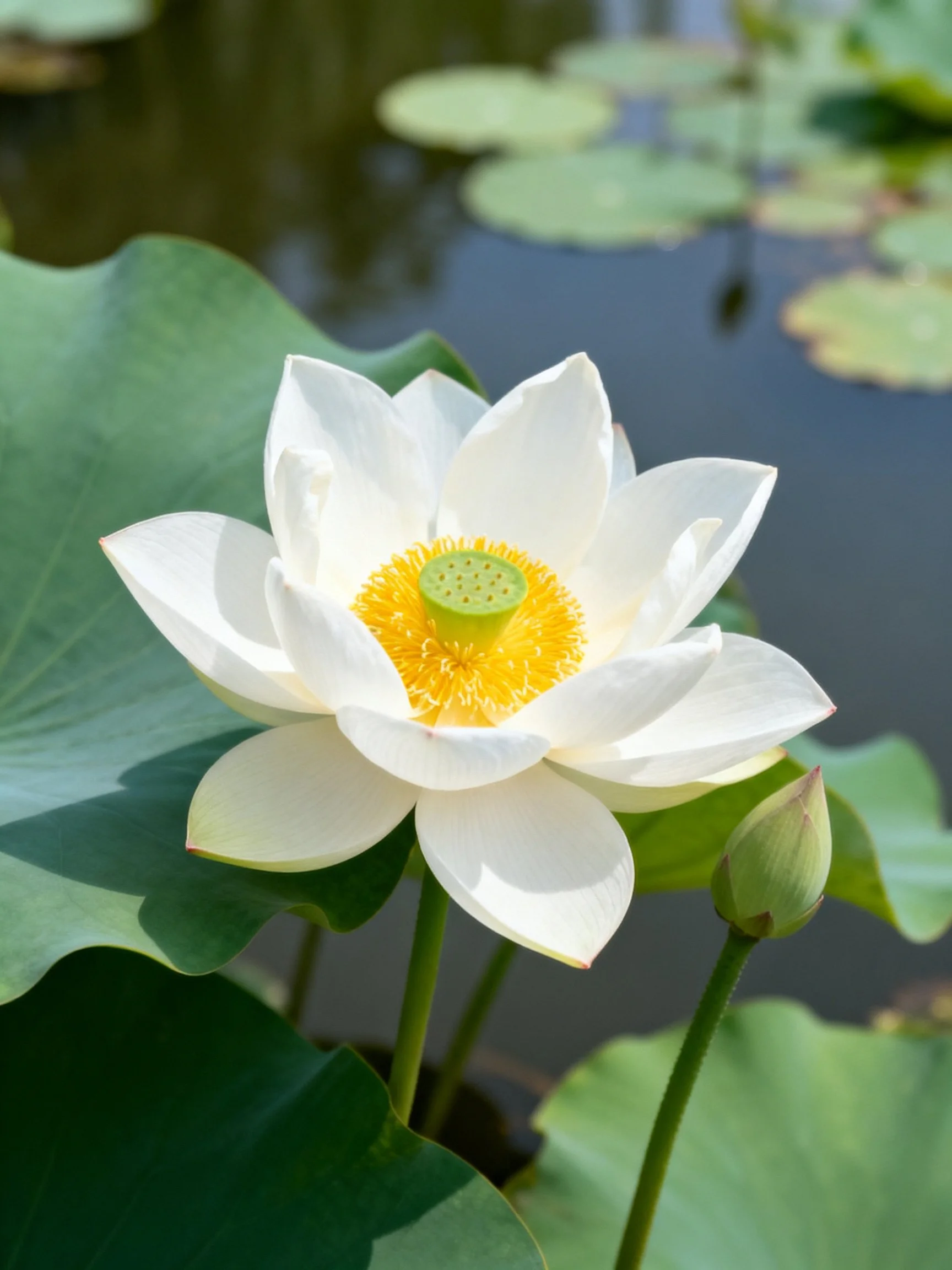 A pristine white lotus blooms near broad green lily pads