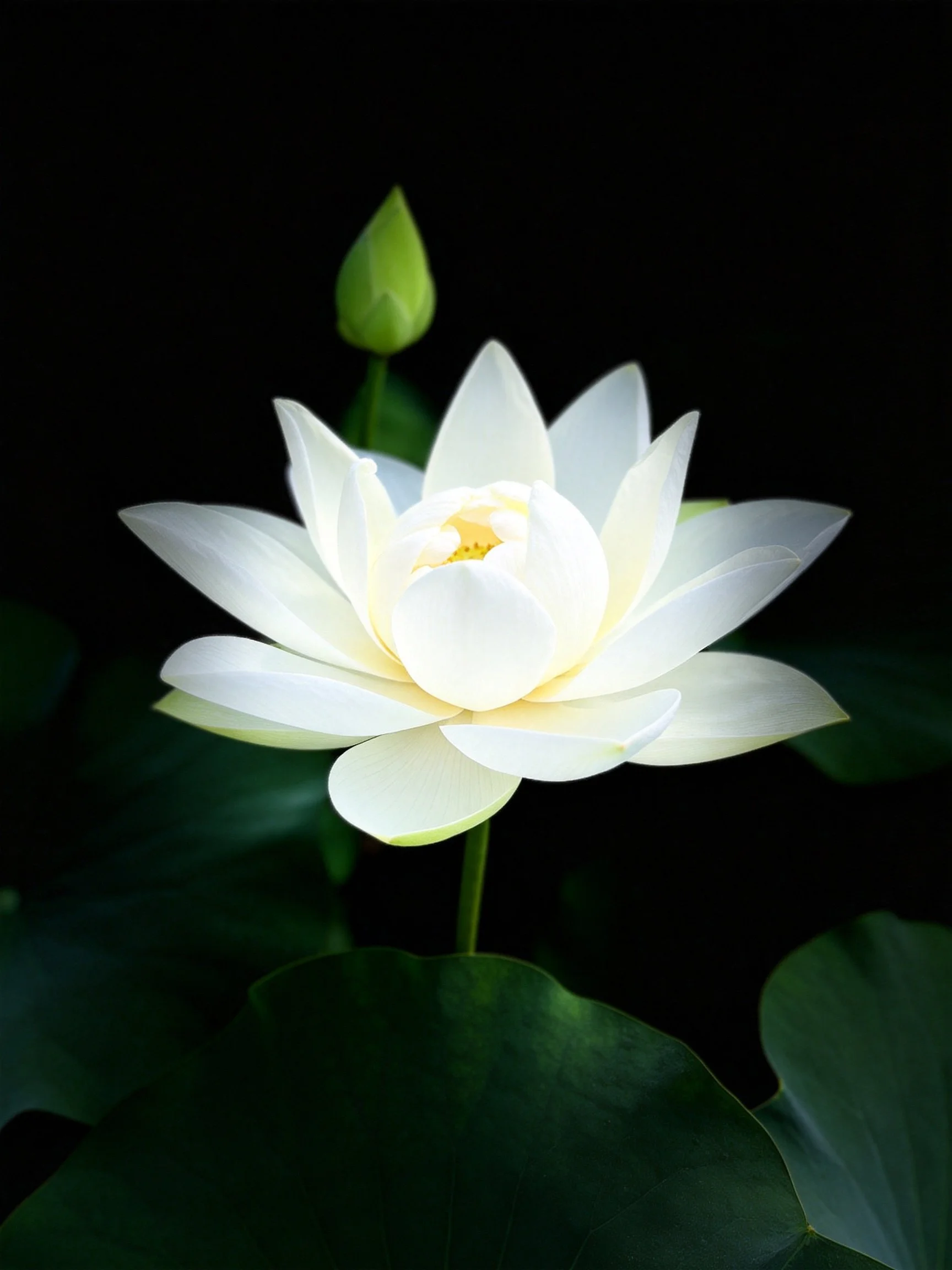A pristine white lotus blooms next to a green bud amid dark foliage