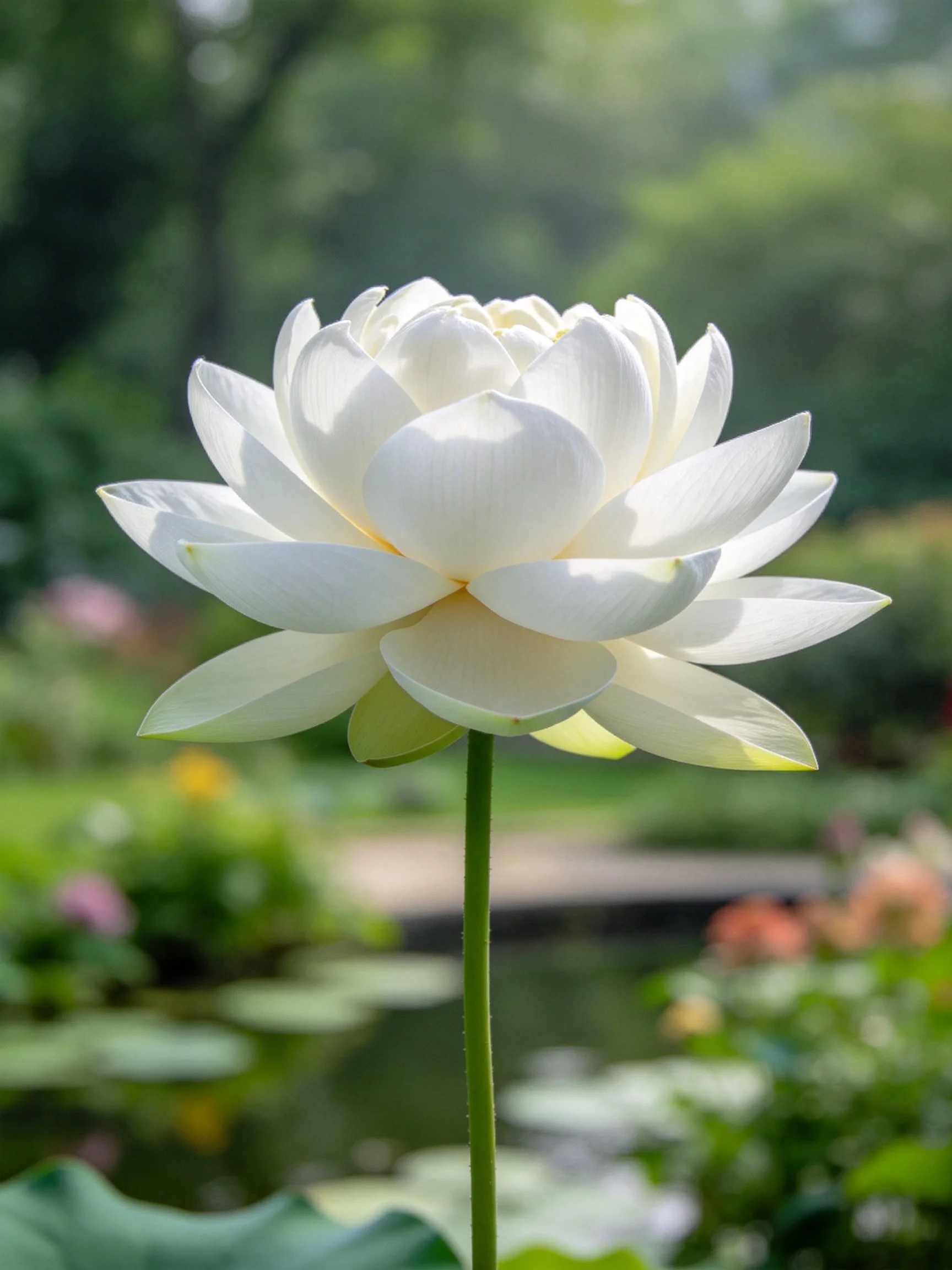 A pristine white lotus blooms tall against lush greenery
