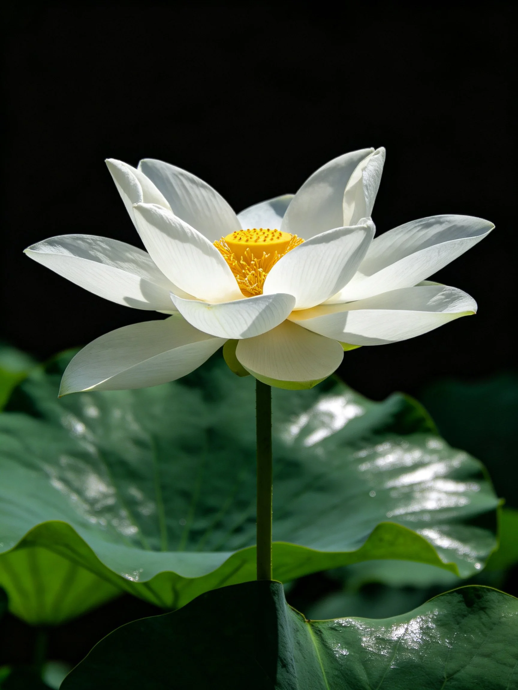 A pristine white lotus blooms with a golden center among large green leaves