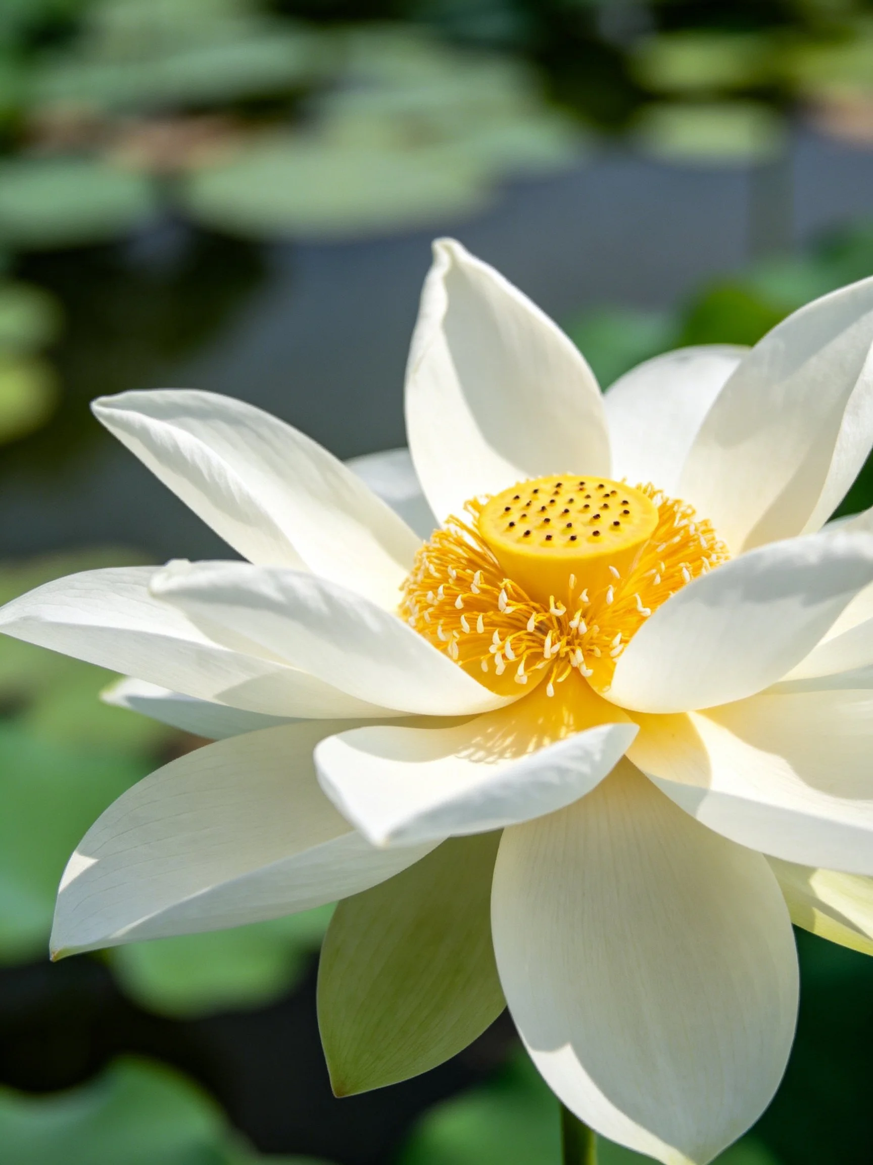 A pristine white lotus blooms with a vibrant yellow center