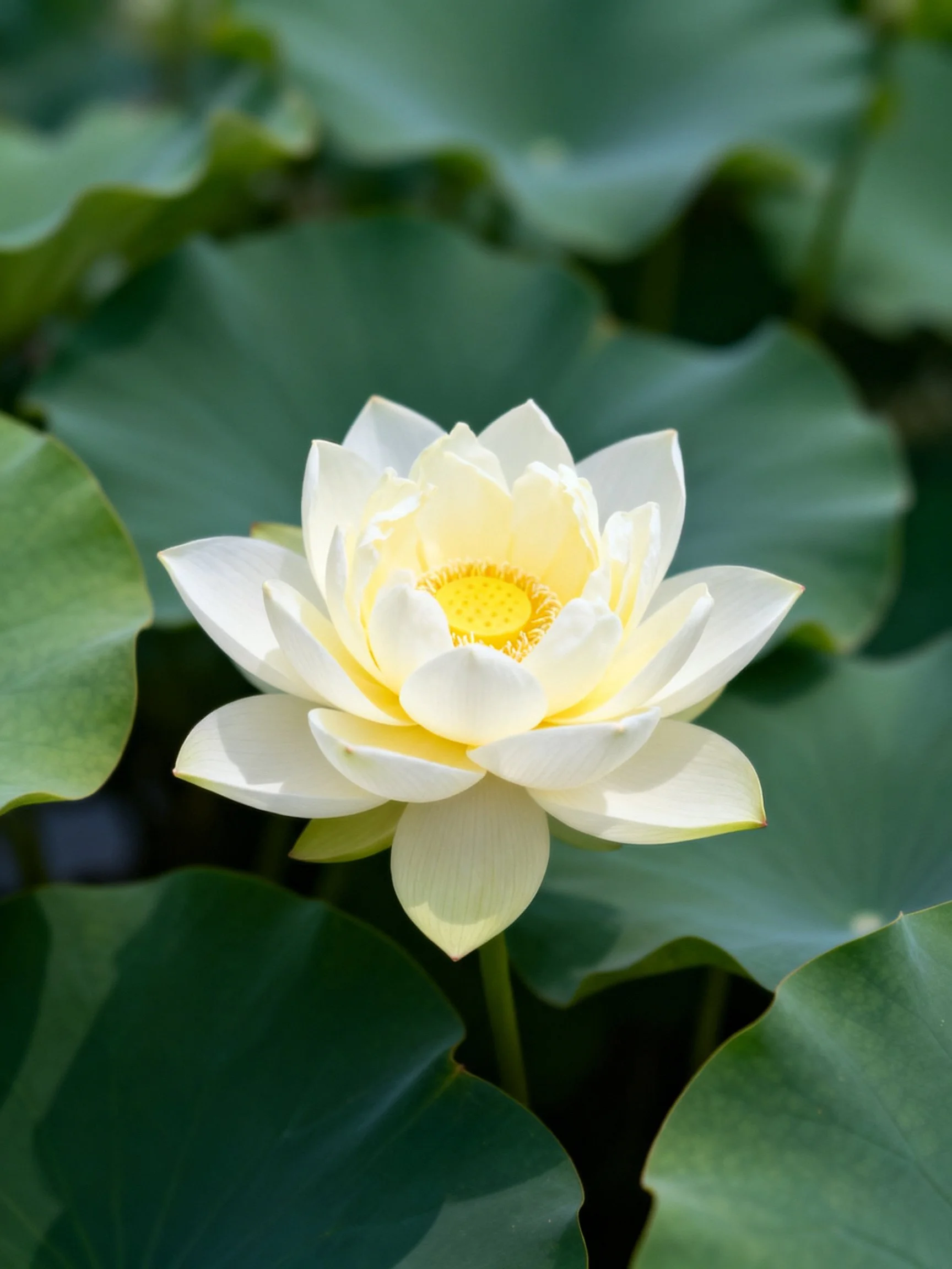 A pristine white lotus flower amidst broad green lily pads