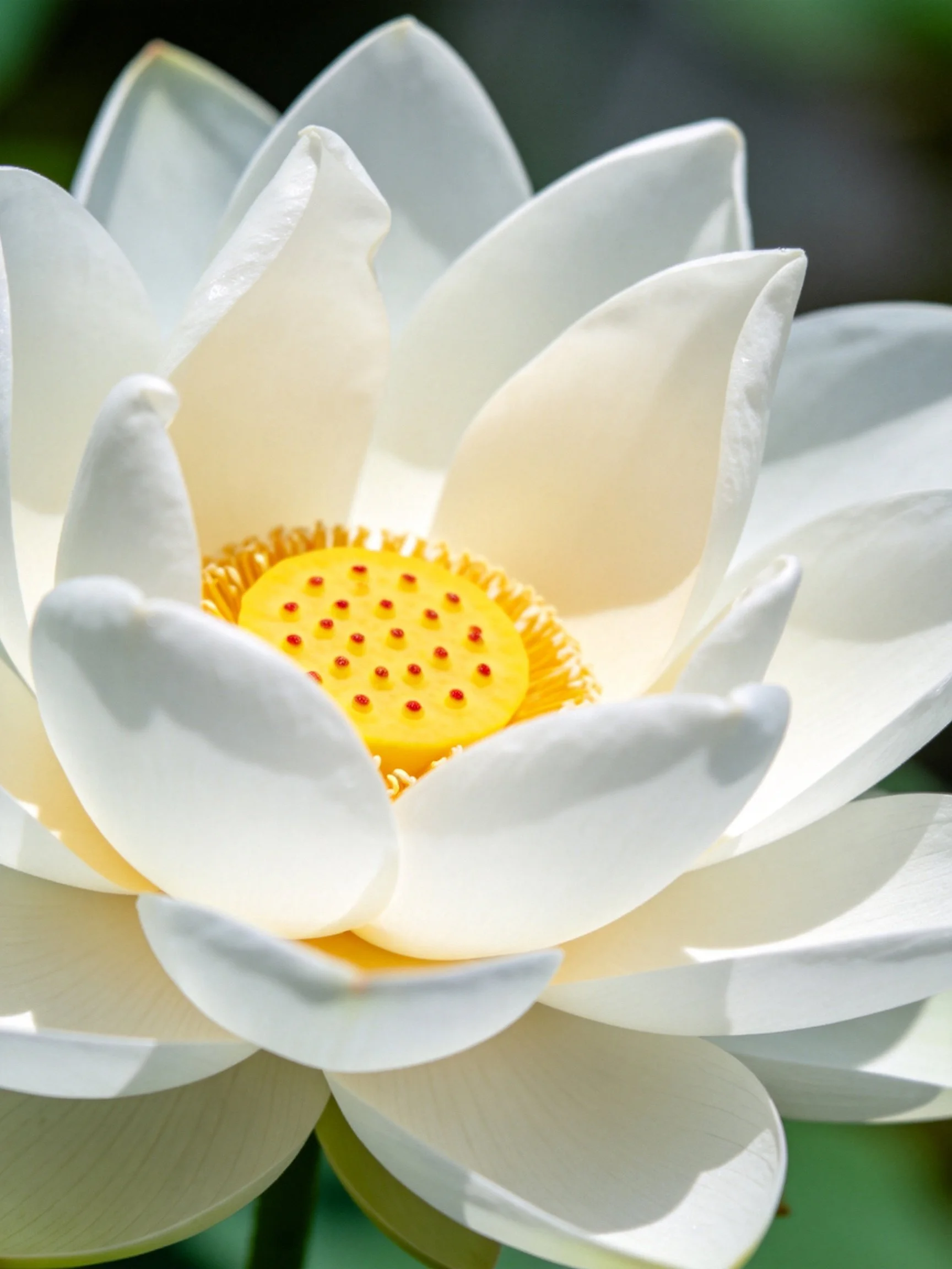 A pristine white lotus flower with vibrant yellow center