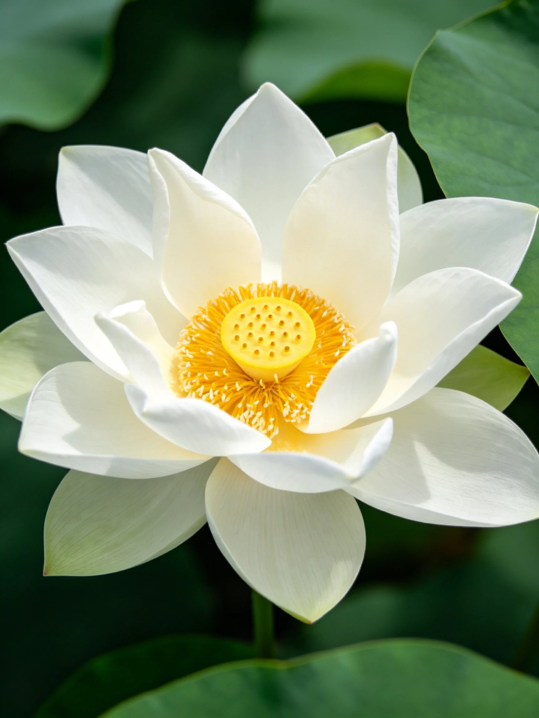 A pristine white lotus flower with vibrant yellow center