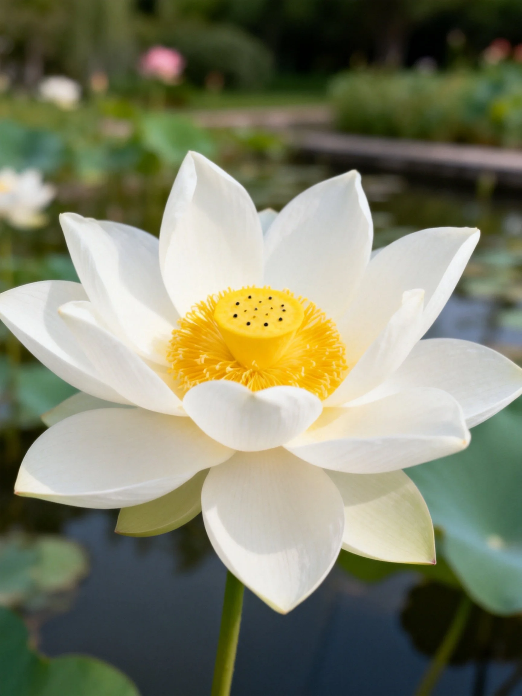 A pristine white lotus with a vivid yellow center in a serene pond setting