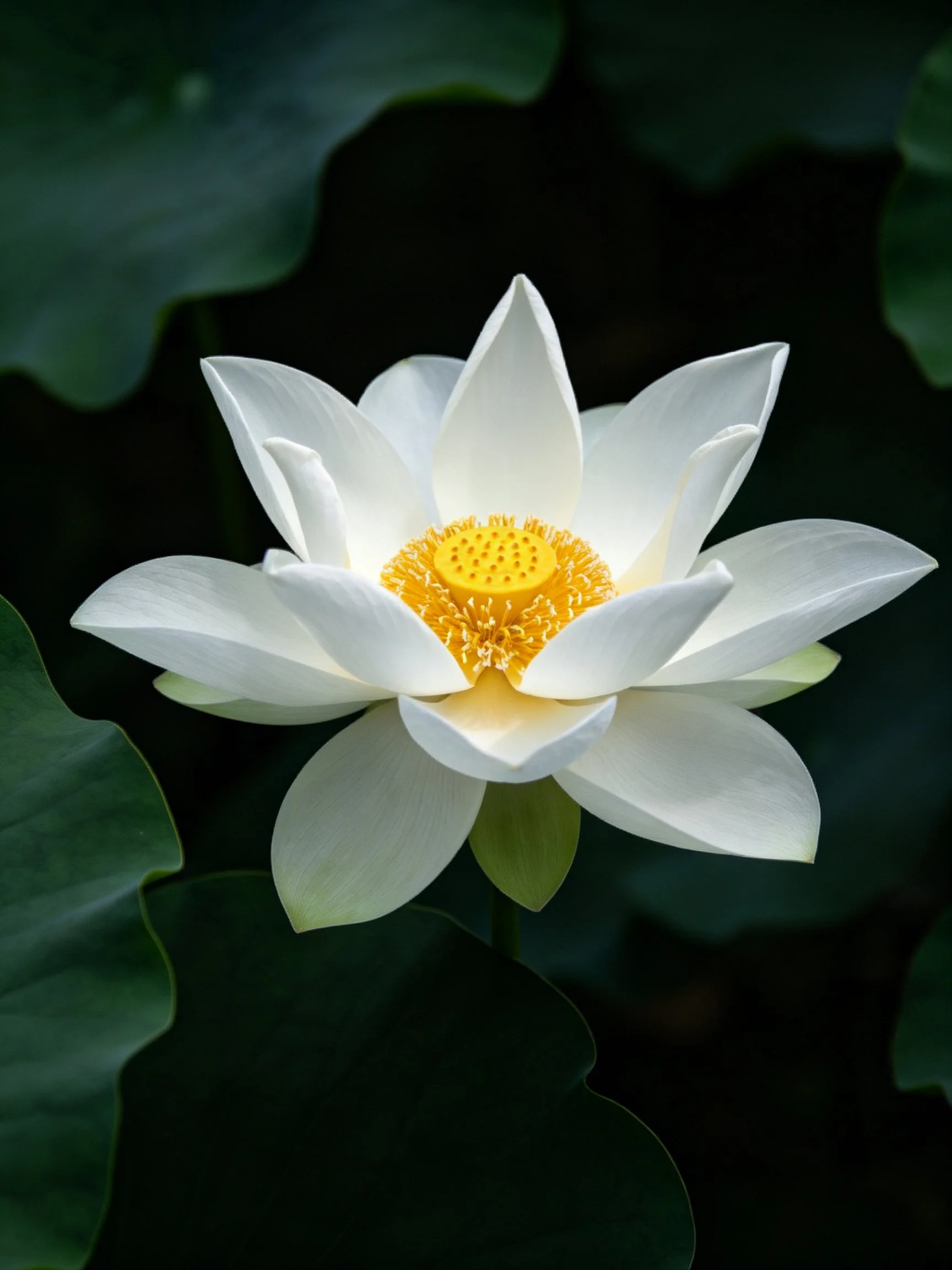 A pristine white lotus with golden center amid dark foliage