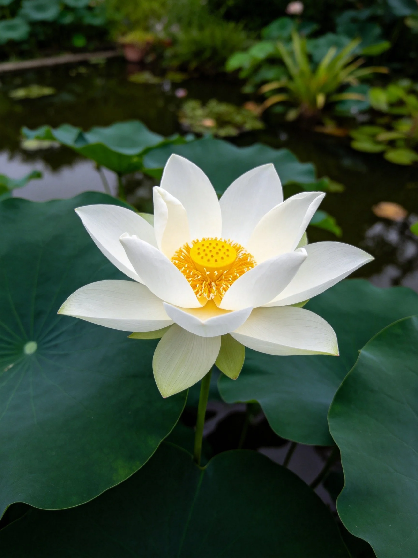A pristine white lotus with golden center amid large green lily pads
