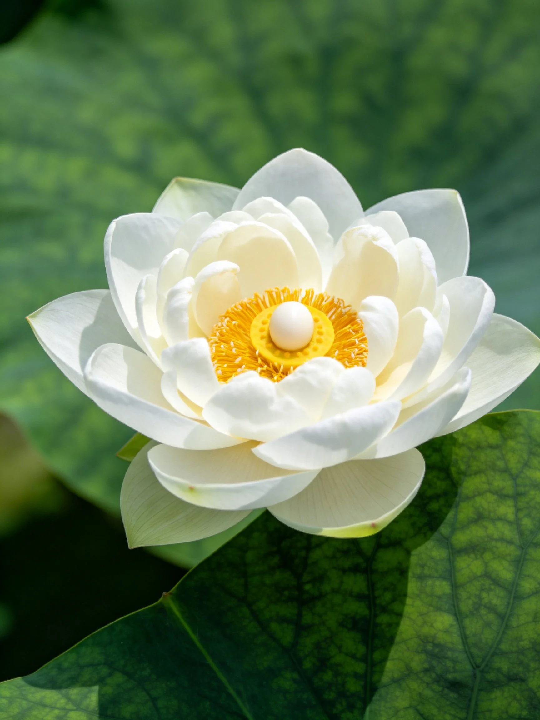 A pristine white lotus with golden center amidst large green leaves