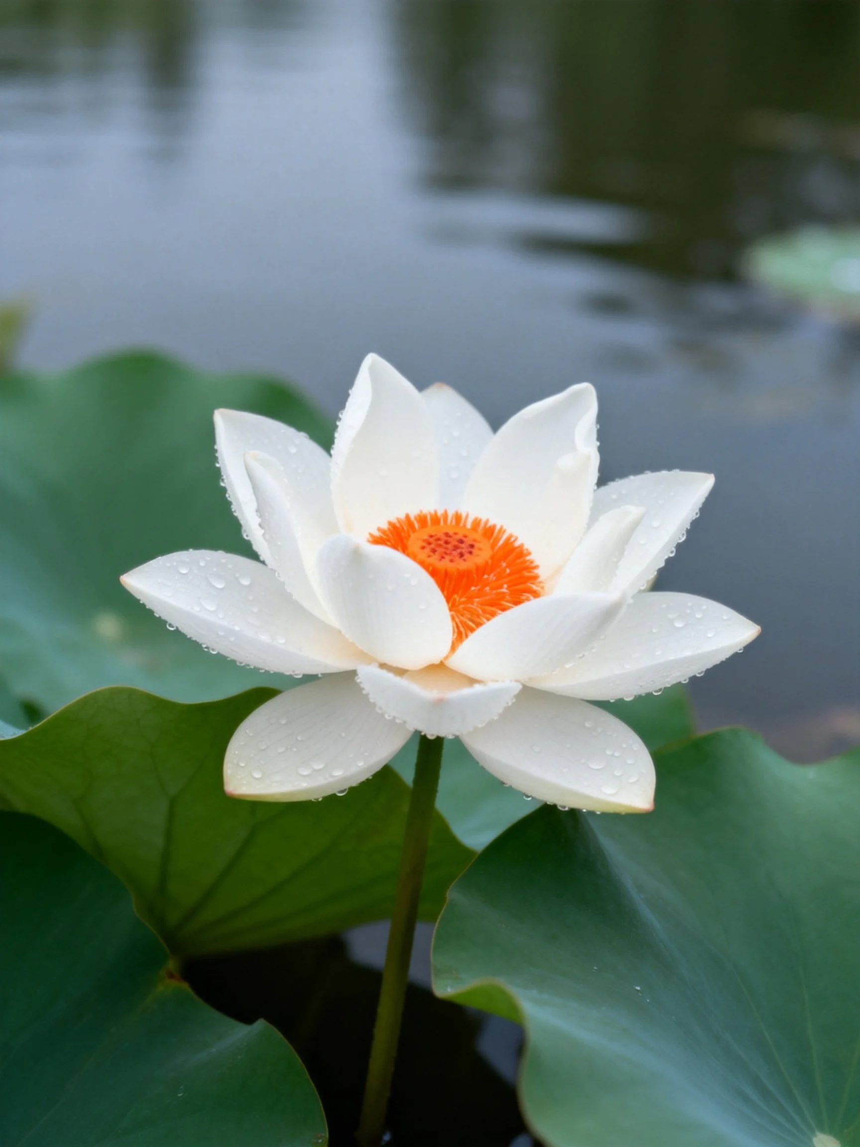 A pristine white lotus with vibrant orange center amid green lily pads