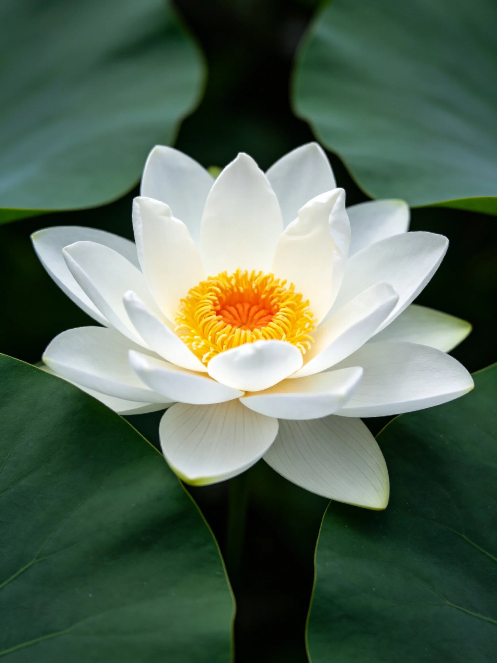 A pristine white lotus with vibrant yellow center amid large green leaves