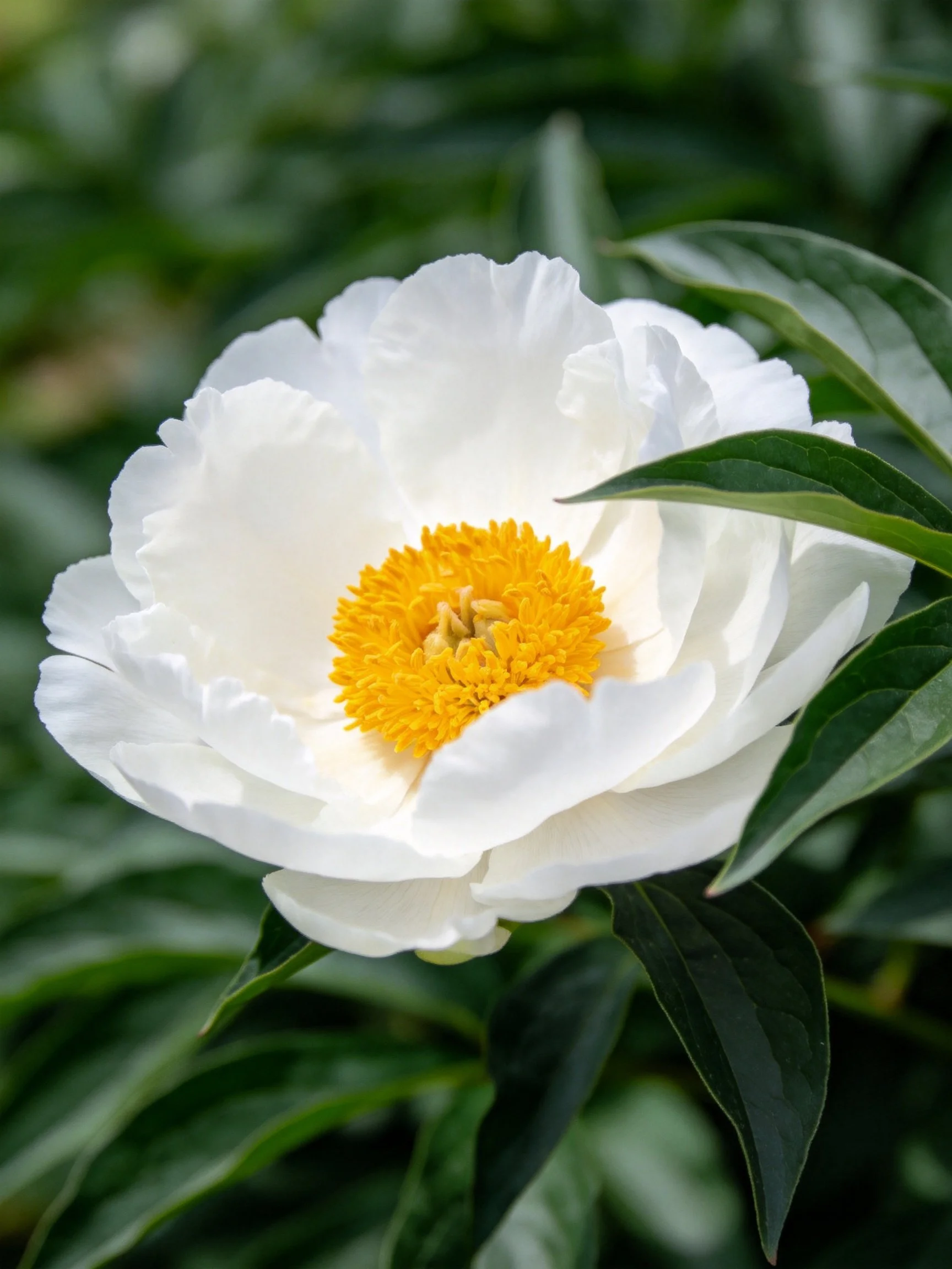 A pristine white peony with vibrant yellow center
