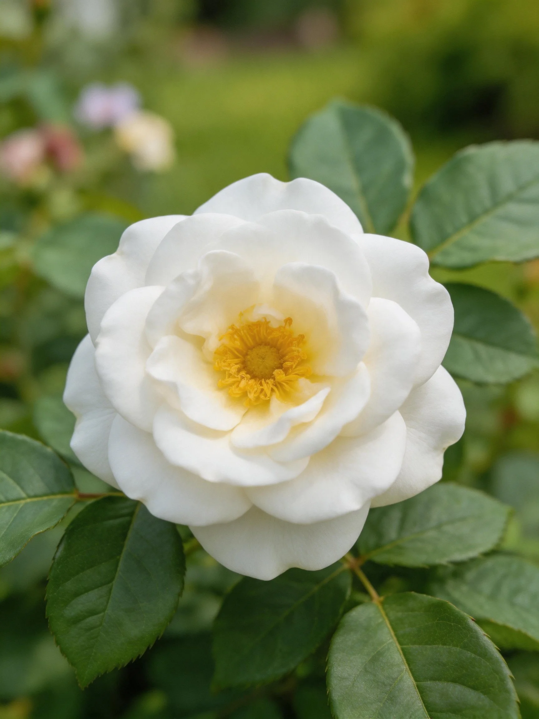 A pristine white rose blooms amid lush green leaves