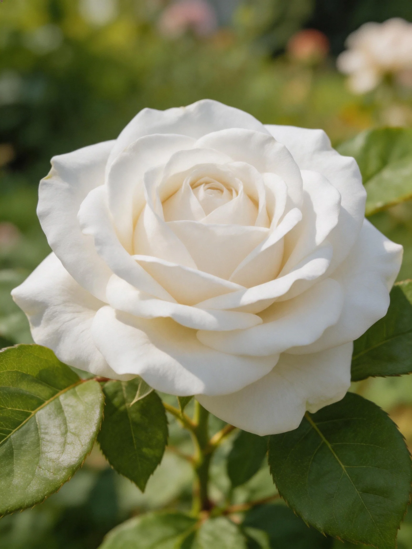 A pristine white rose blooms among lush green foliage