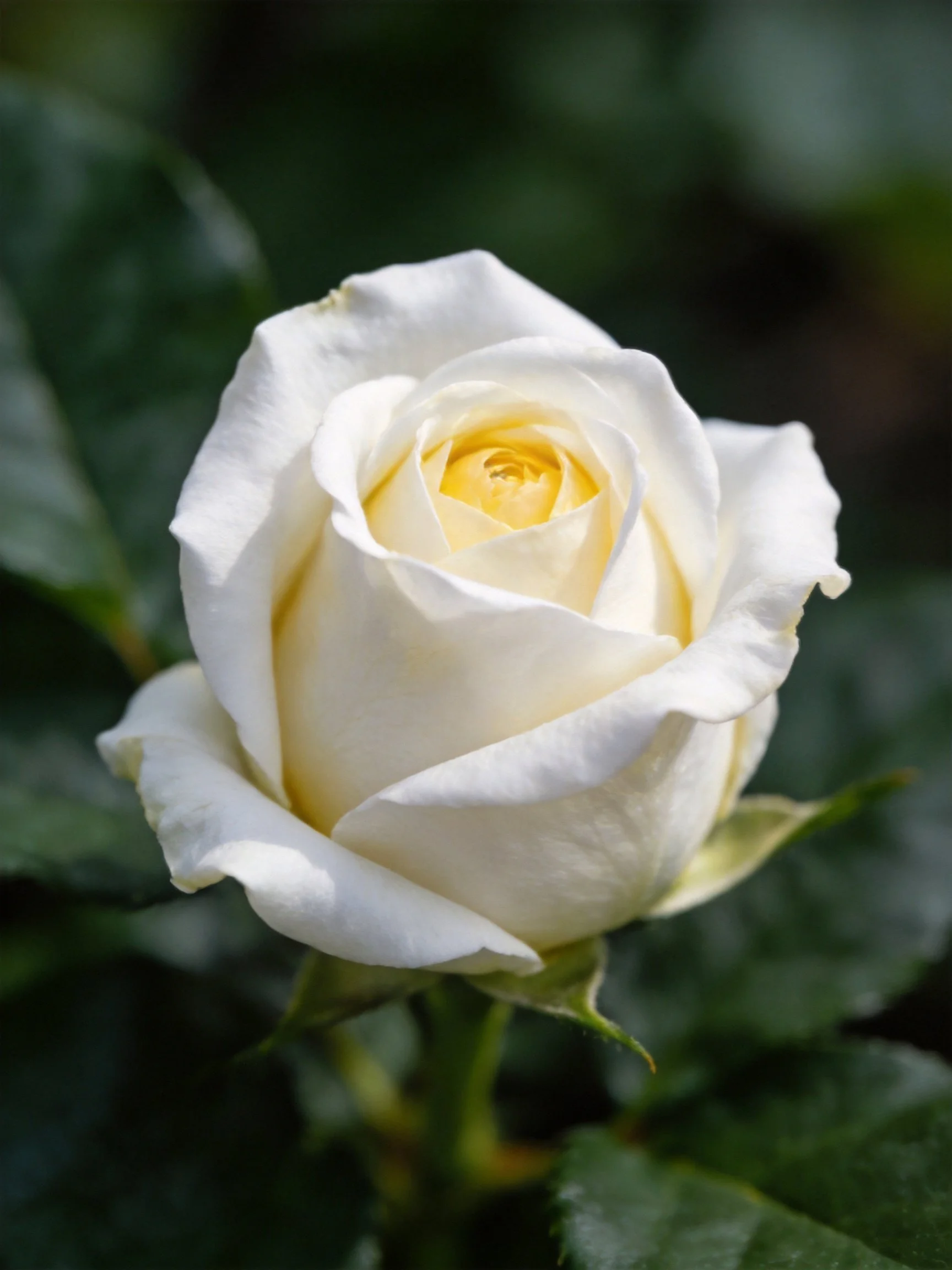 A pristine white rose bud with yellow center and dark green leaves