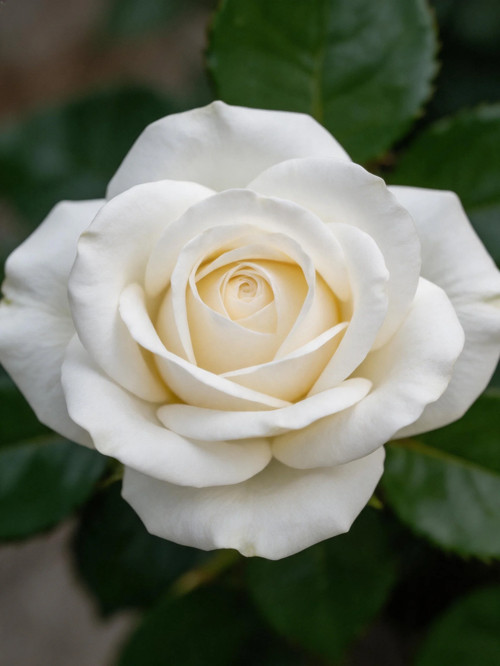 A pristine white rose in full bloom with dark green leaves