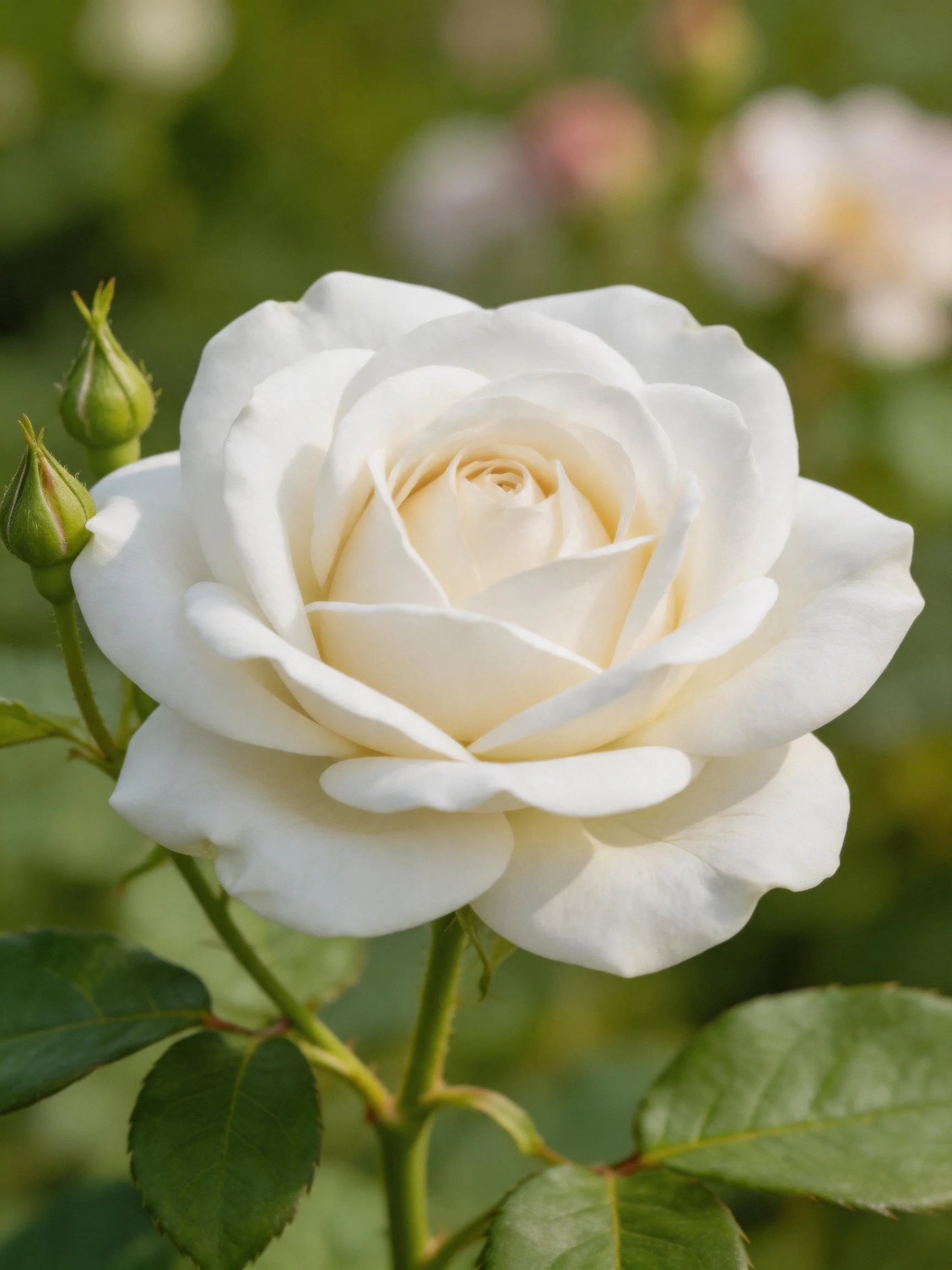 A pristine white rose in full bloom with green buds nearby