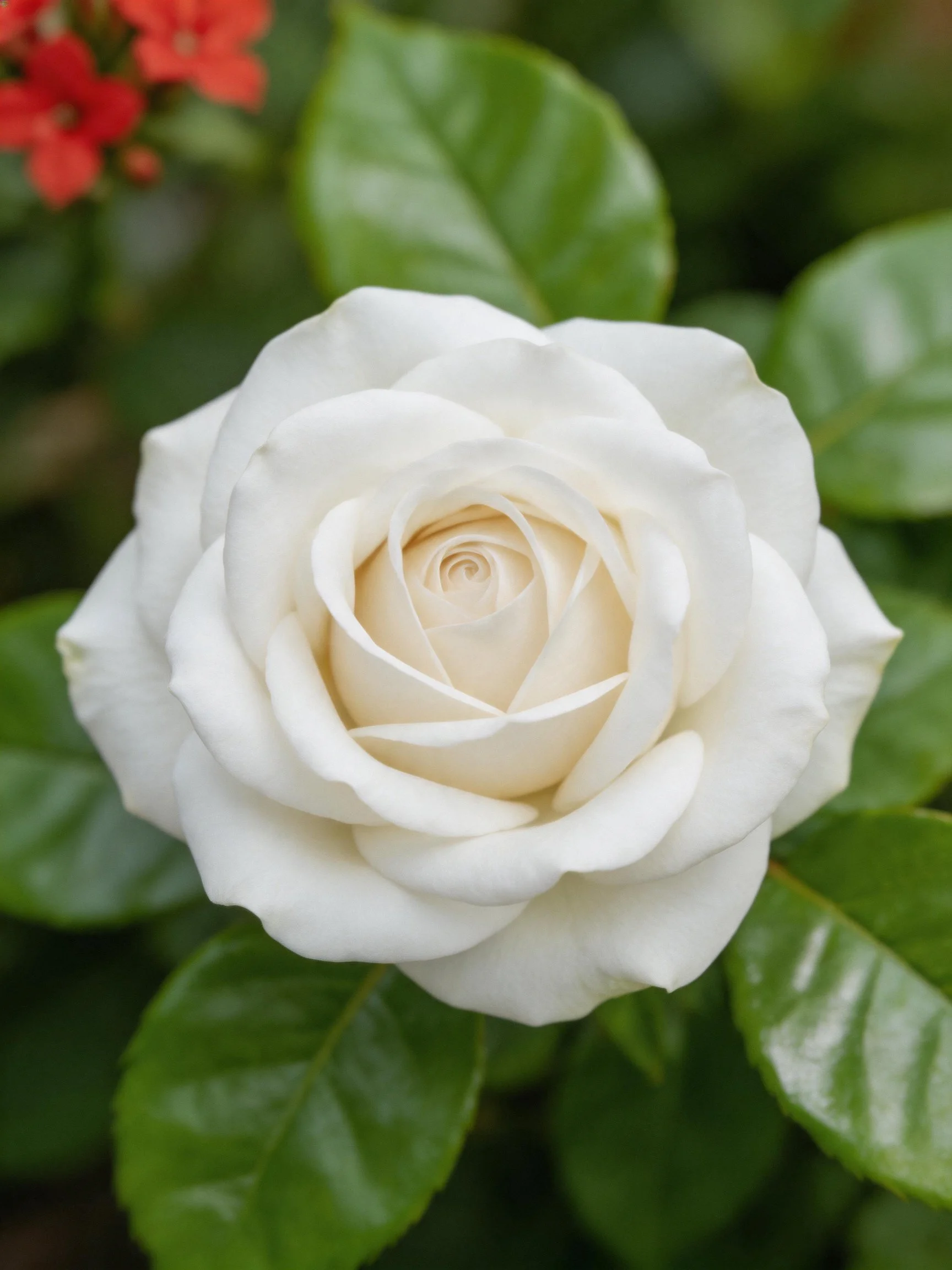A pristine white rose surrounded by glossy green leaves and small red flowers