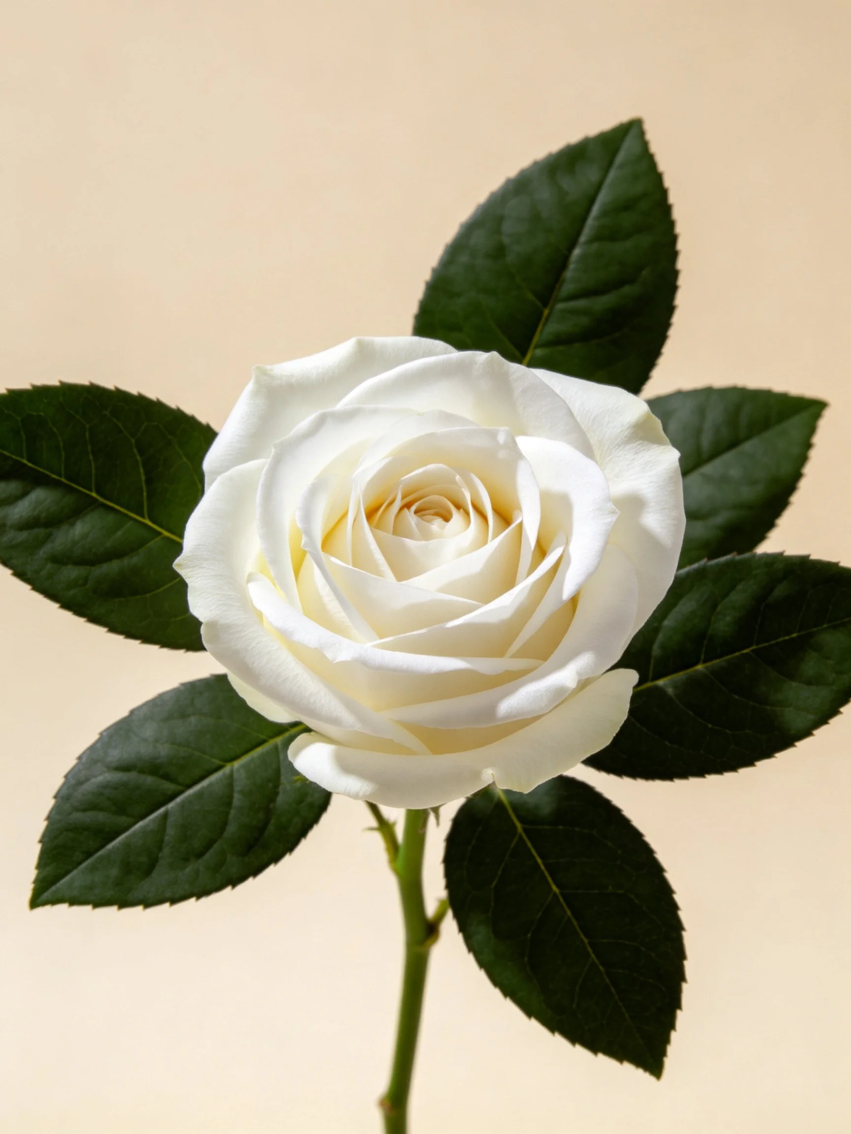 A pristine white rose with deep green leaves on a neutral background